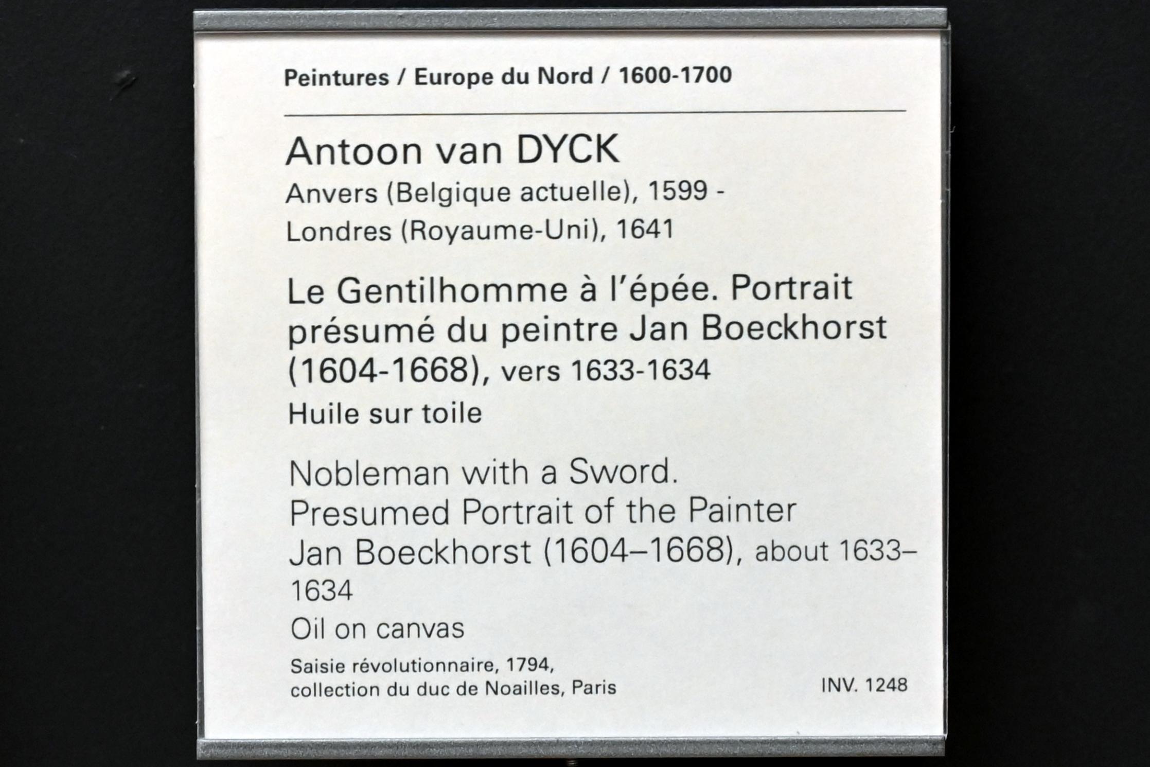 Anthonis (Anton) van Dyck (1614–1641), Edelmann mit Schwert (früher: Porträt des Malers Jan Bockhorst), Paris, Musée du Louvre, Saal 853, um 1633–1634, Bild 2/2
