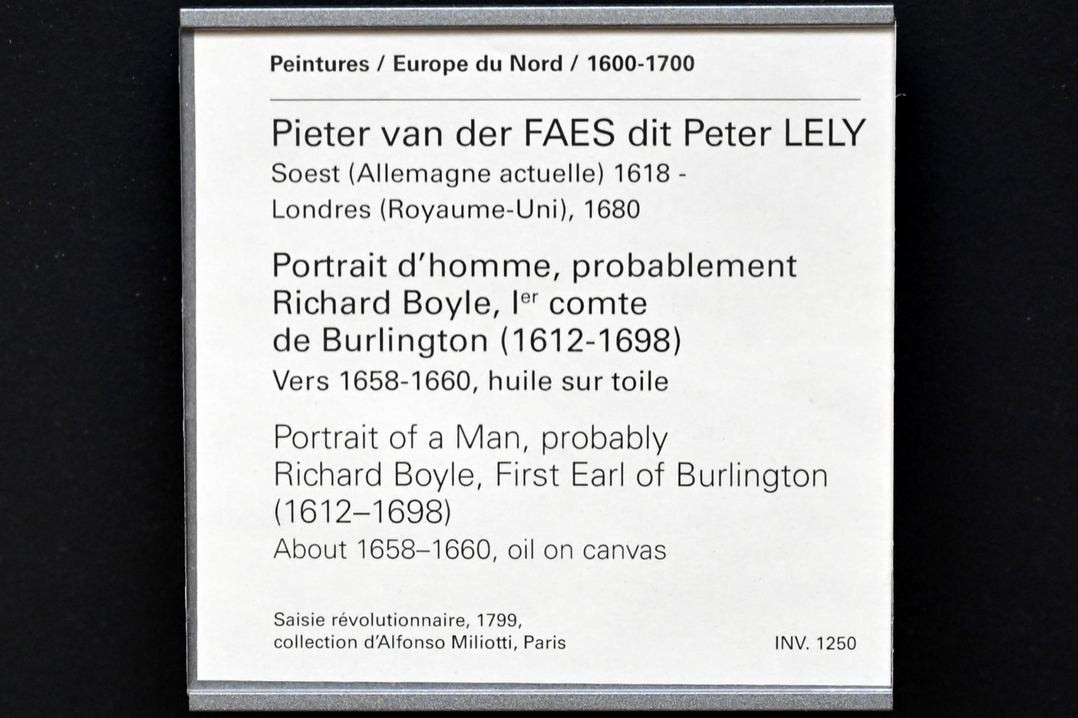 Peter Lely (Pieter van der Faes) (1649–1666), Porträt eines Mannes, vermutlich Richard Boyle, 1. Earl of Burlington (1612-1698), Paris, Musée du Louvre, Saal 850, um 1658–1660, Bild 2/2