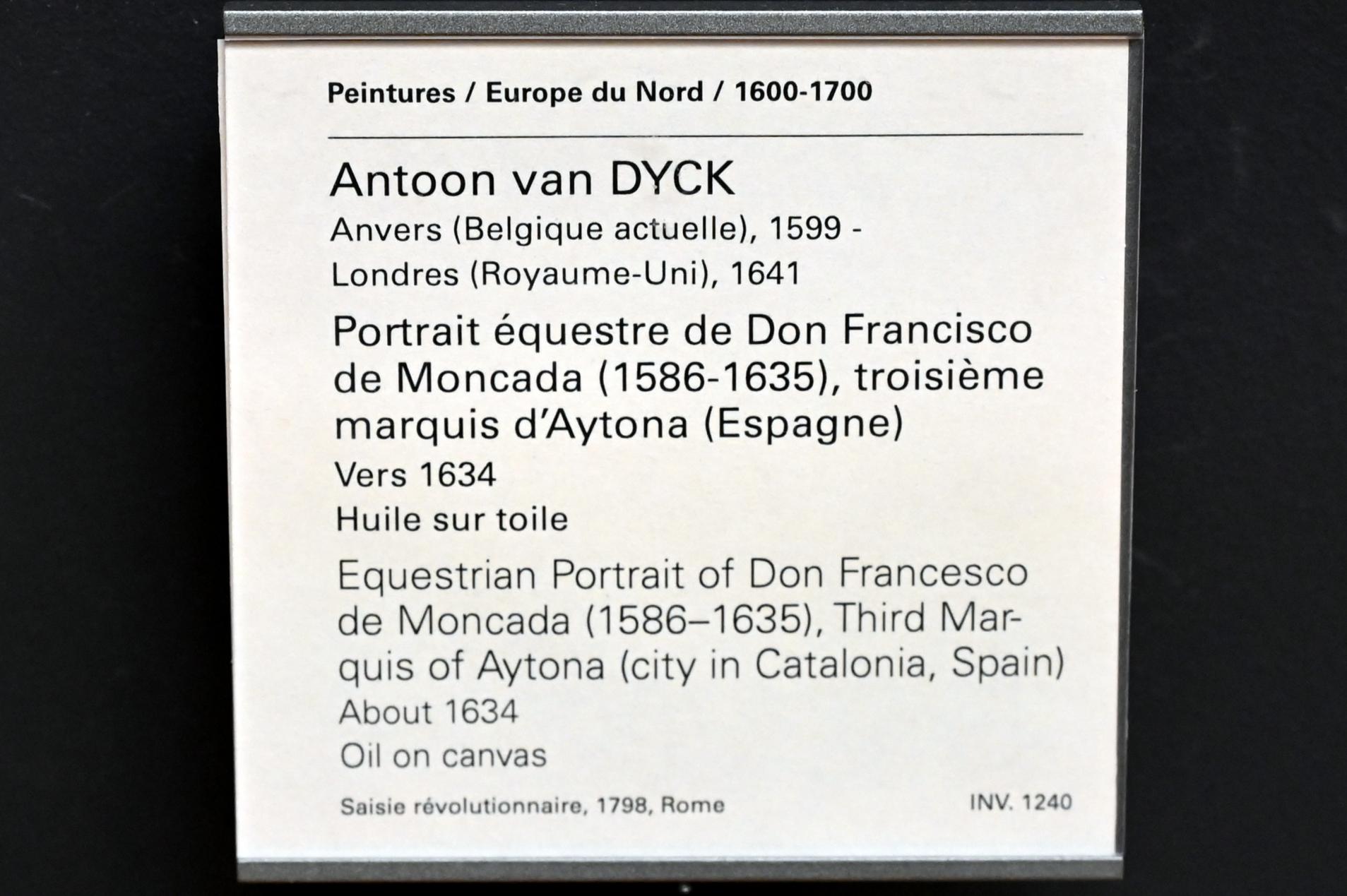 Anthonis (Anton) van Dyck (1614–1641), Reiterporträt von Don Francesco de Moncada (1586-1635), 3. Marqués de Aytona, Paris, Musée du Louvre, Saal 850, um 1634, Bild 2/2