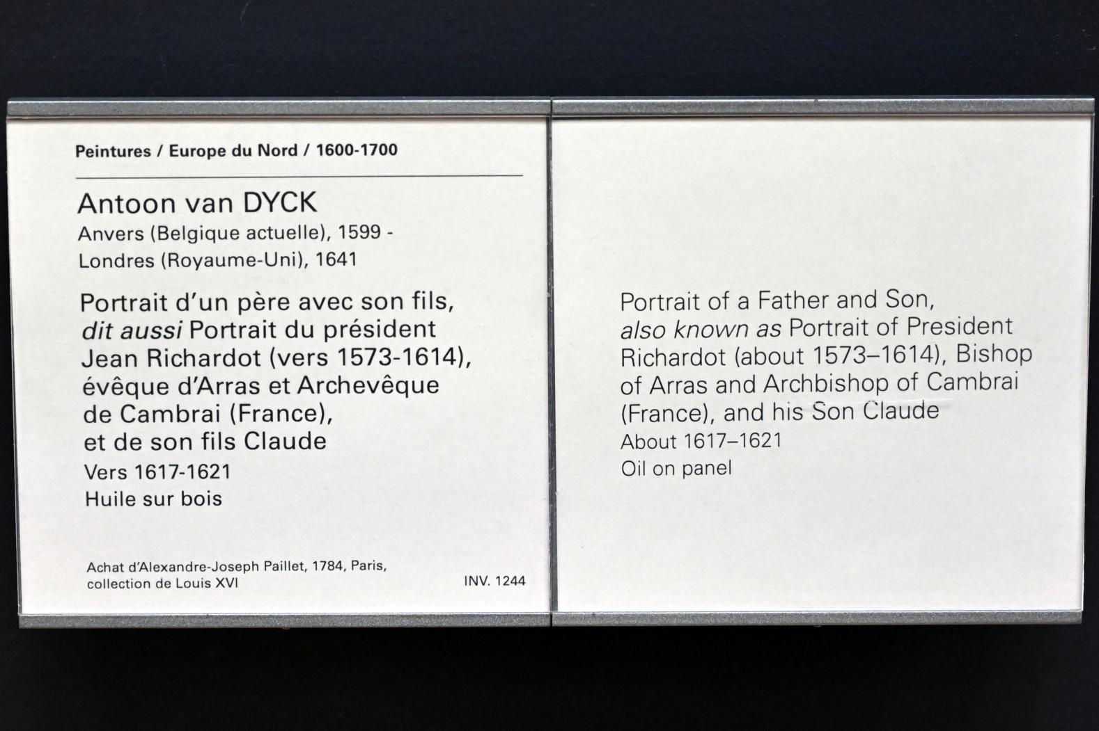 Anthonis (Anton) van Dyck (1614–1641), Porträt von Vater mit Sohn (Porträt von President Jean Richardot (um 1573-1614), Bischof von Arras und Erzbischof von Cambrai mit seinem Sohn Claude), Paris, Musée du Louvre, Saal 850, um 1617–1621, Bild 2/2