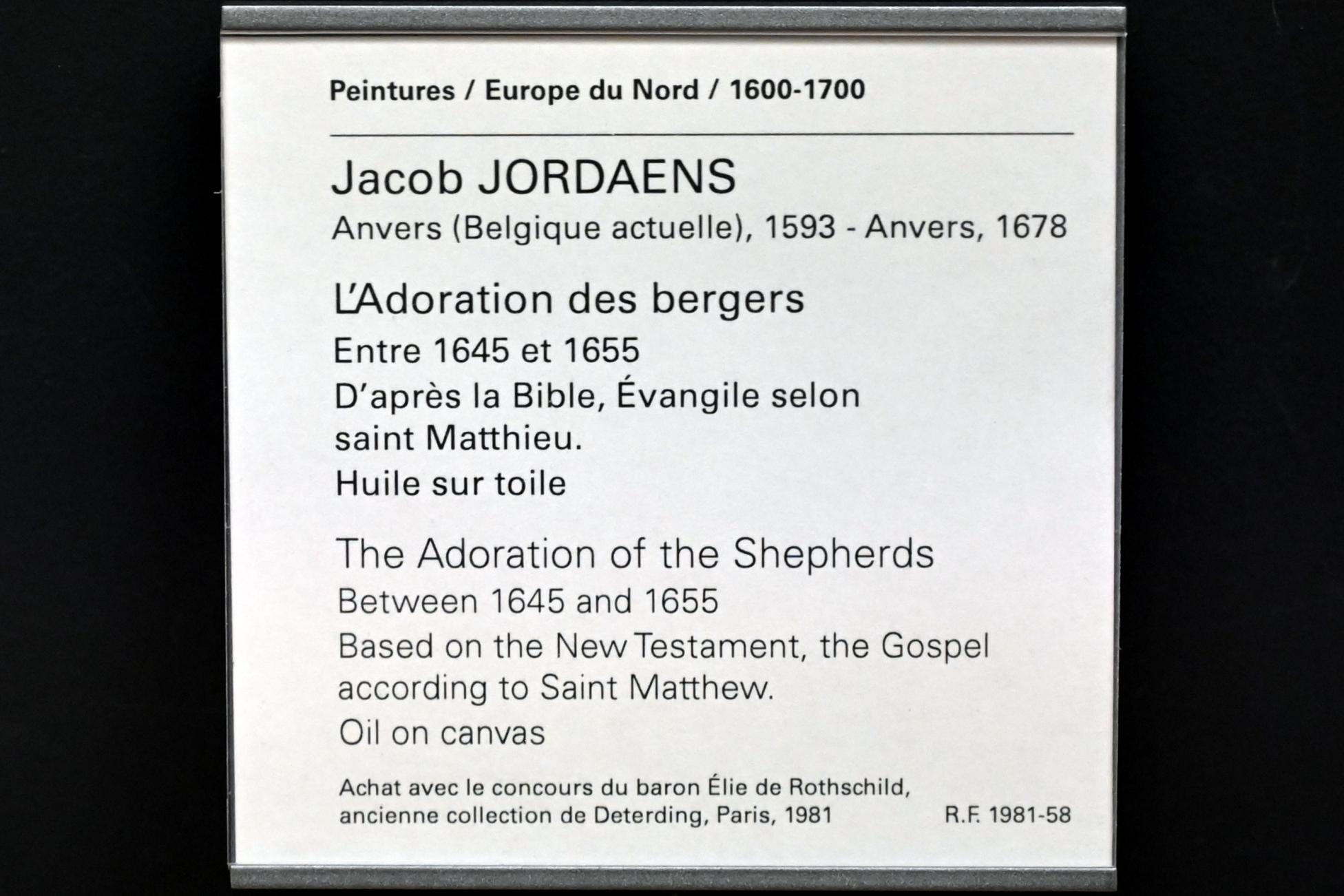Jacob Jordaens (1615–1665), Anbetung der Hirten, Paris, Musée du Louvre, Saal 848, um 1645–1655, Bild 2/2