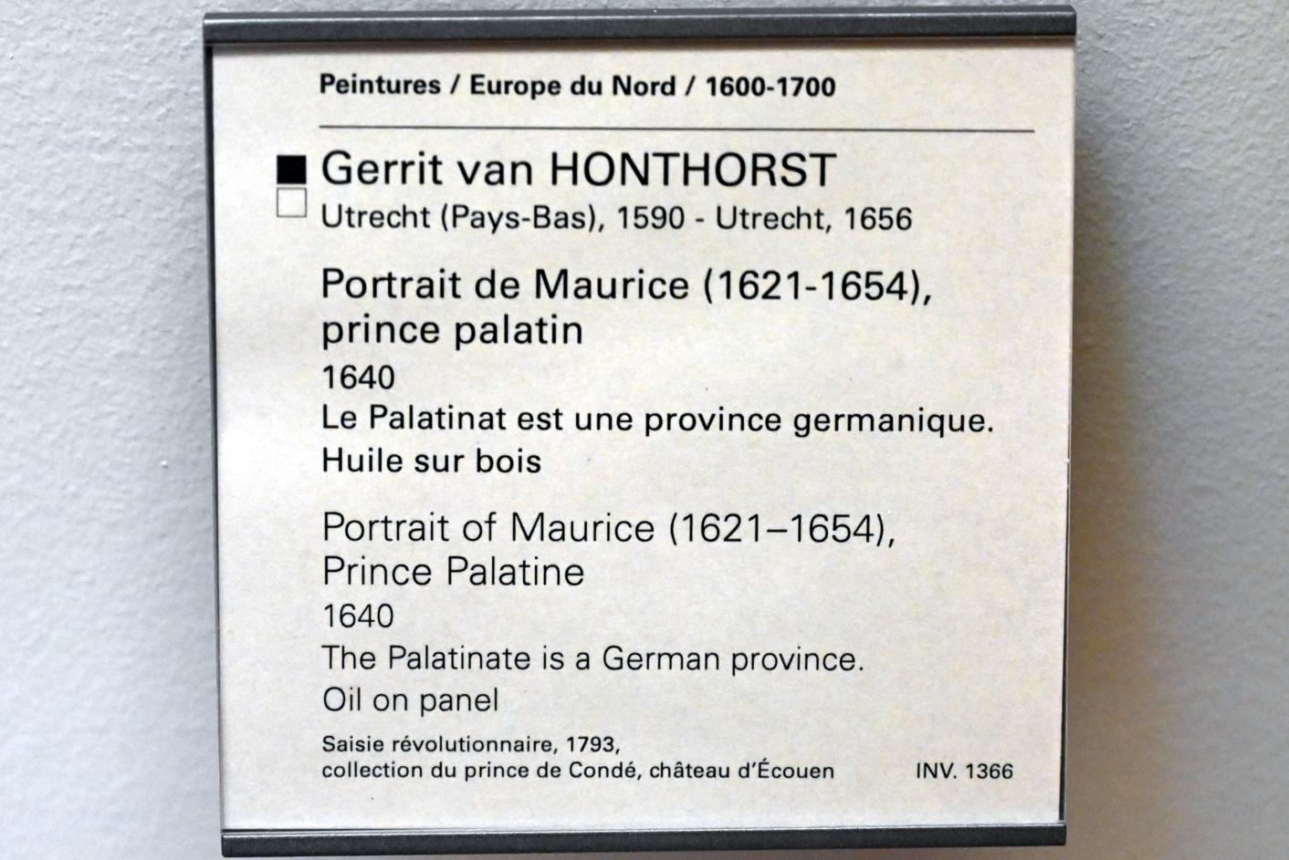 Gerrit van Honthorst (Gerard van Honthorst) (1616–1655), Porträt von Moritz von der Pfalz (1621-1652), Paris, Musée du Louvre, Saal 851, 1640, Bild 2/2