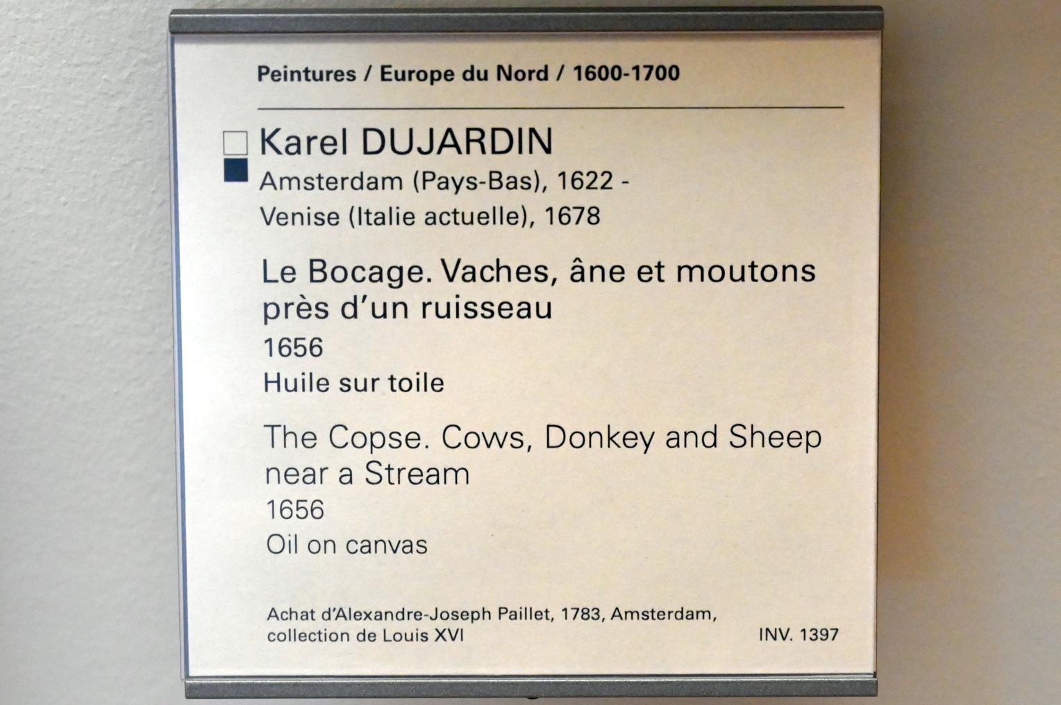 Karel Dujardin (1652–1678), Bocage. Kühe, Esel und Schafe an einem Bach, Paris, Musée du Louvre, Saal 851, 1656, Bild 2/2