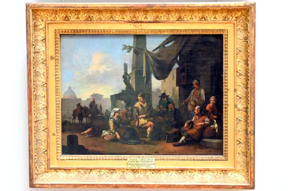 Johannes Lingelbach (1653–1675), Römisches Capriccio (Italienische Bauern beim Trinken an einer römischen Schenke), Paris, Musée du Louvre, Saal 851, um 1660–1670