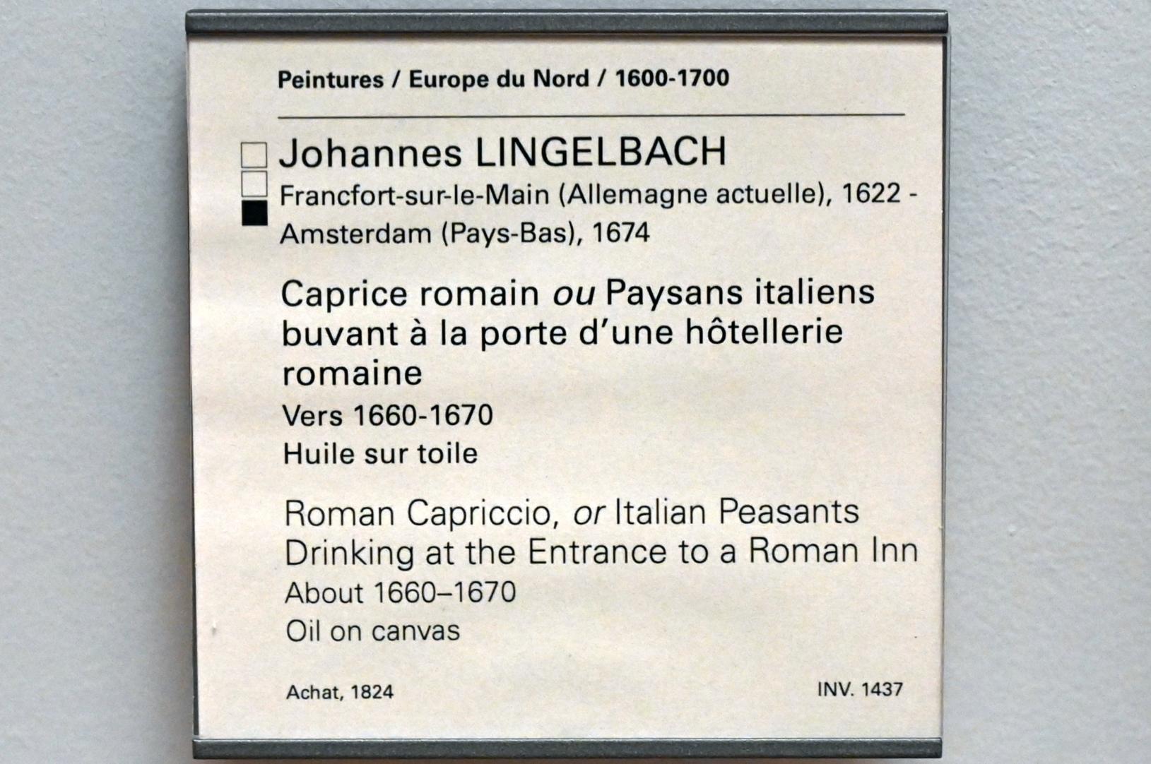 Johannes Lingelbach (1653–1674), Römisches Capriccio (Italienische Bauern beim Trinken an einer römischen Schenke), Paris, Musée du Louvre, Saal 851, um 1660–1670, Bild 2/2