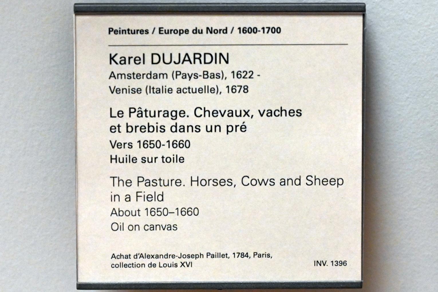 Karel Dujardin (1652–1678), Die Weide. Pferde, Kühe, Schafe auf einem Feld, Paris, Musée du Louvre, Saal 851, um 1650–1660, Bild 2/2