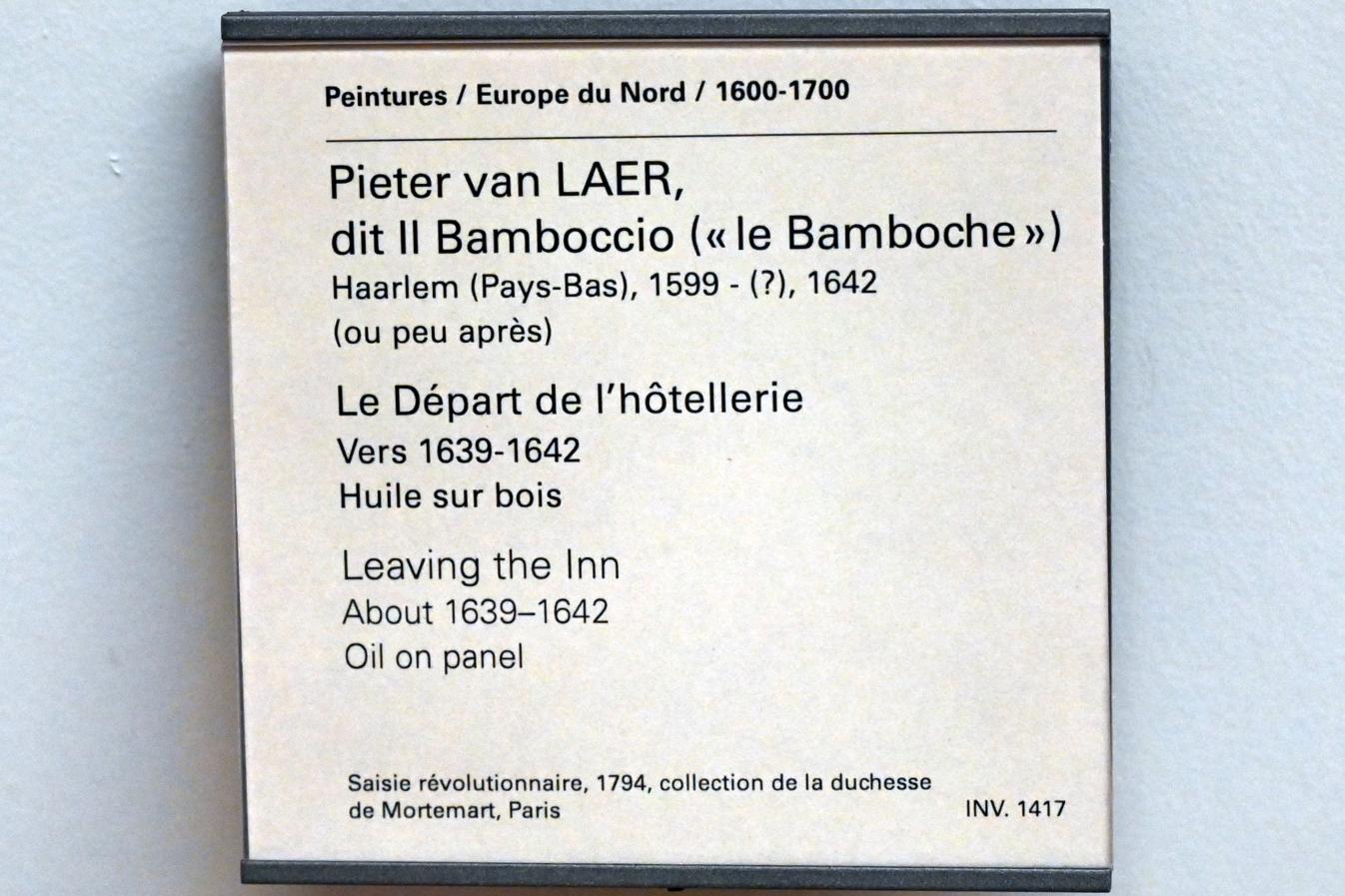 Pieter van Laer (1640), Aufbruch vom Gasthaus, Paris, Musée du Louvre, Saal 851, um 1639–1642, Bild 2/2