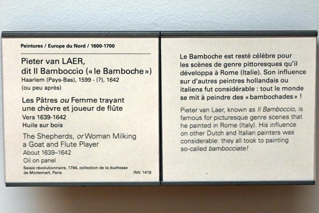 Pieter van Laer (1640), Die Hirten (Frau beim Ziegenmelken und Flötenspieler), Paris, Musée du Louvre, Saal 852, um 1639–1642, Bild 2/2
