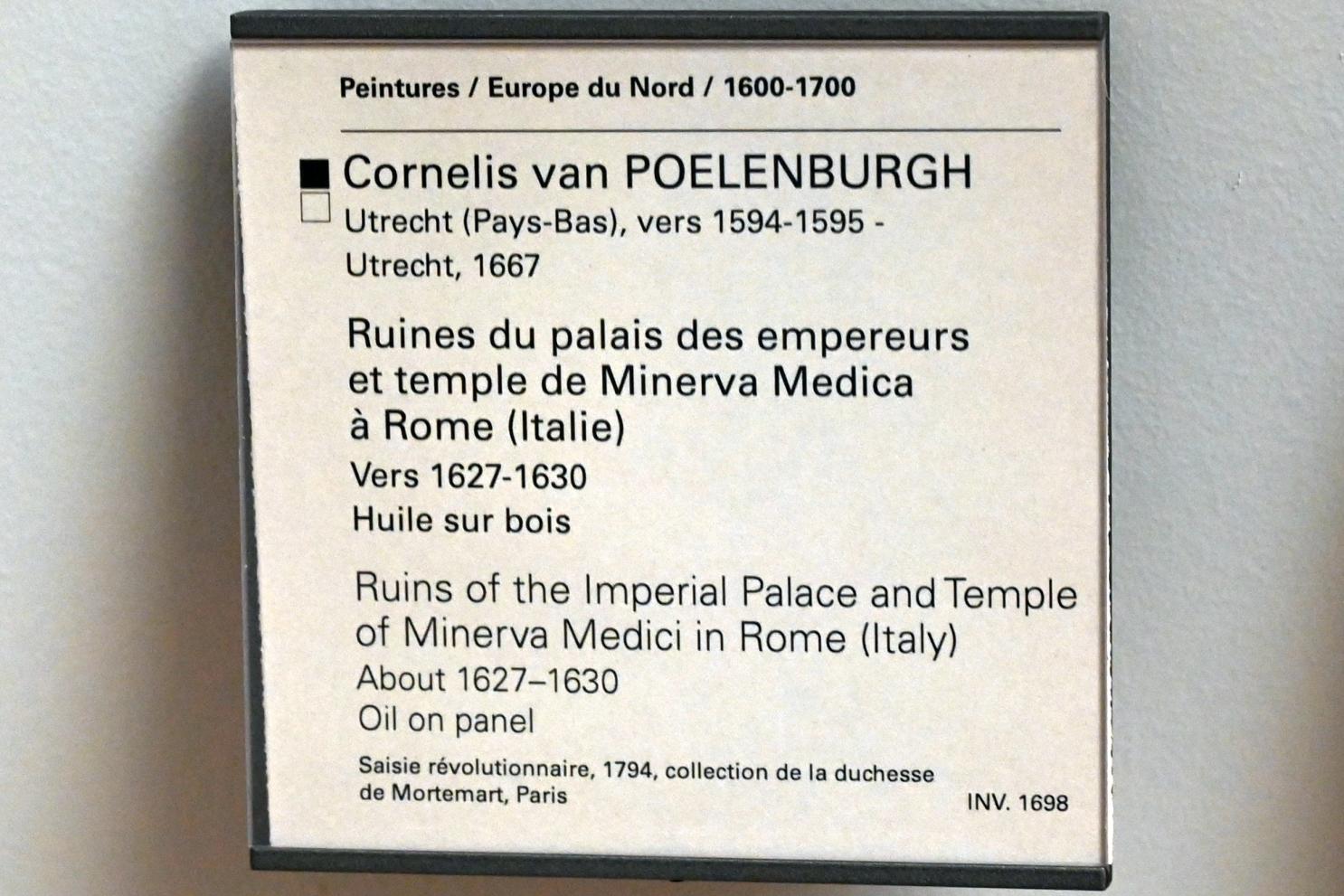 Cornelis van Poelenburgh (1620–1646), Ruinen des römischen Kaiserpalastes und des Tempels der Minerva Medica, Paris, Musée du Louvre, Saal 852, um 1627–1630, Bild 2/2