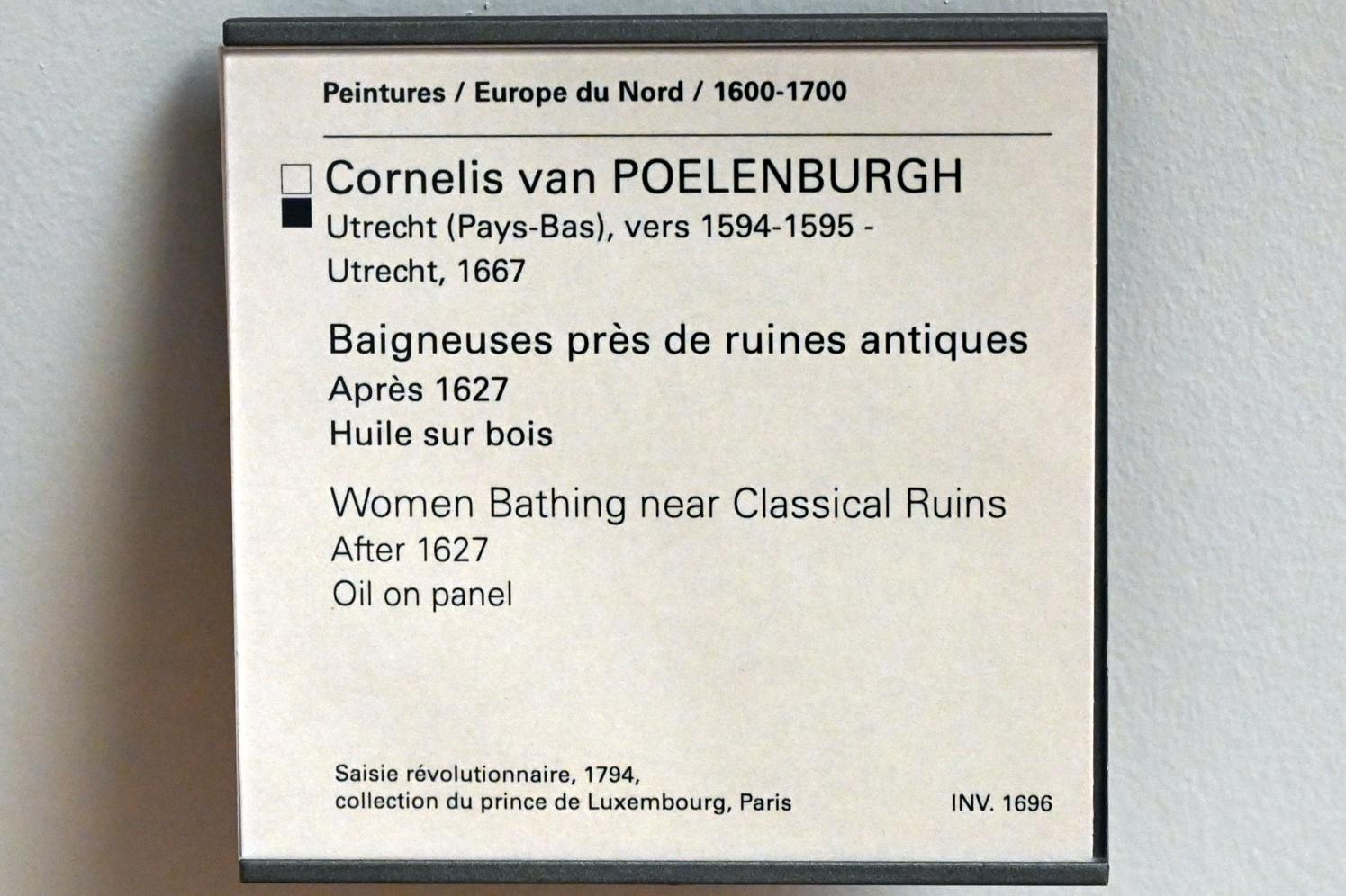 Cornelis van Poelenburgh (1620–1646), Badende in einer Ruinenlandschaft, Paris, Musée du Louvre, Saal 852, nach 1627, Bild 2/2