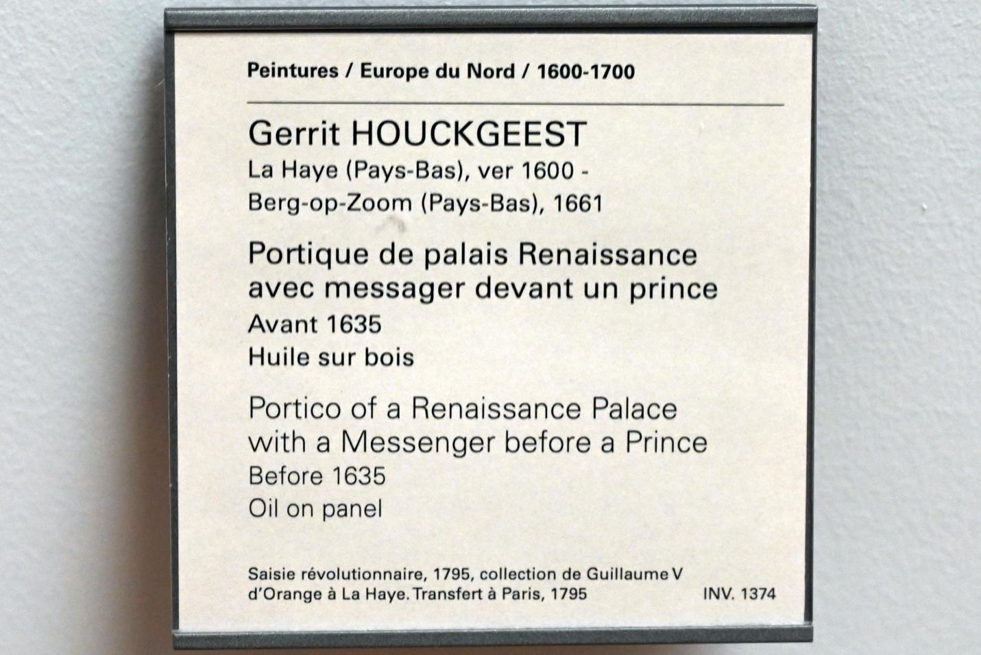 Gerard (Gerrit) Houckgeest (1634), Portikus eines Renaissancepalastes mit Bote vor einem Prinzen, Paris, Musée du Louvre, Saal 852, vor 1635, Bild 2/2