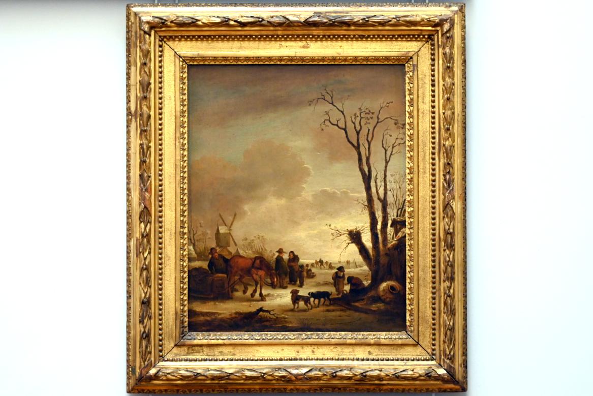 Isaac van Ostade (1639–1649), Winterlandschaft mit Mühle, Schlittschuhläufern und Pferdeschlitten, Paris, Musée du Louvre, Saal 854, 1644