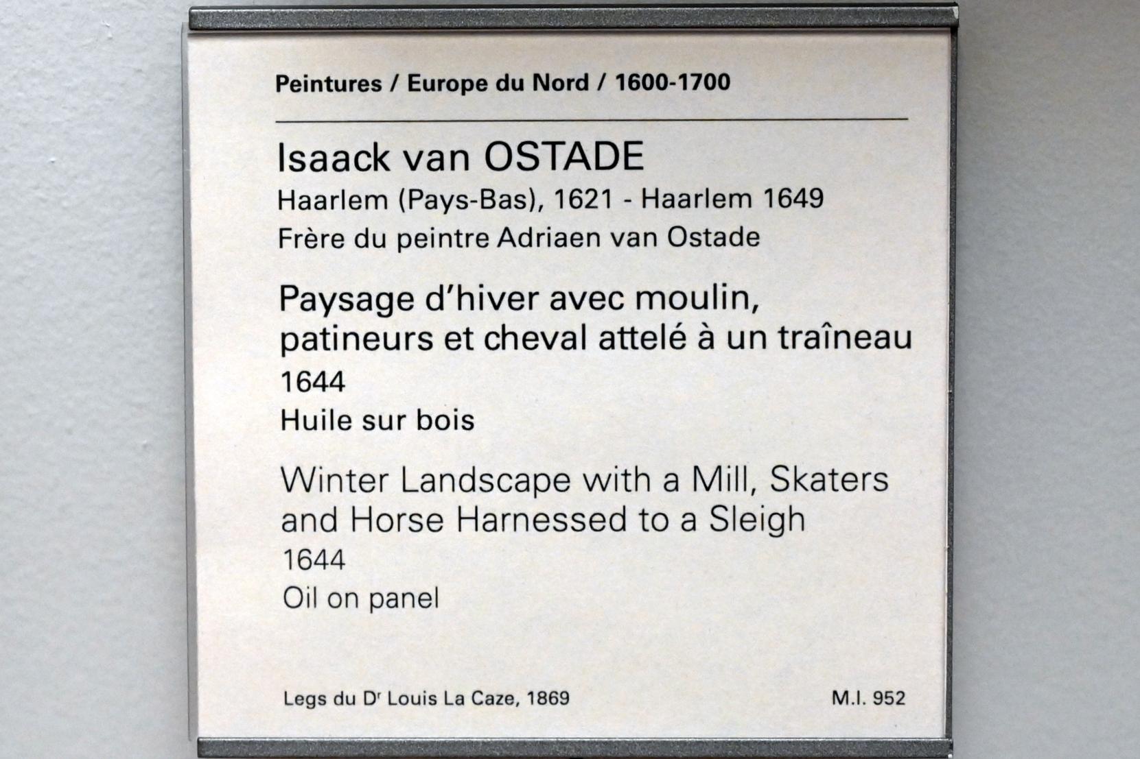 Isaac van Ostade (1639–1649), Winterlandschaft mit Mühle, Schlittschuhläufern und Pferdeschlitten, Paris, Musée du Louvre, Saal 854, 1644, Bild 2/2