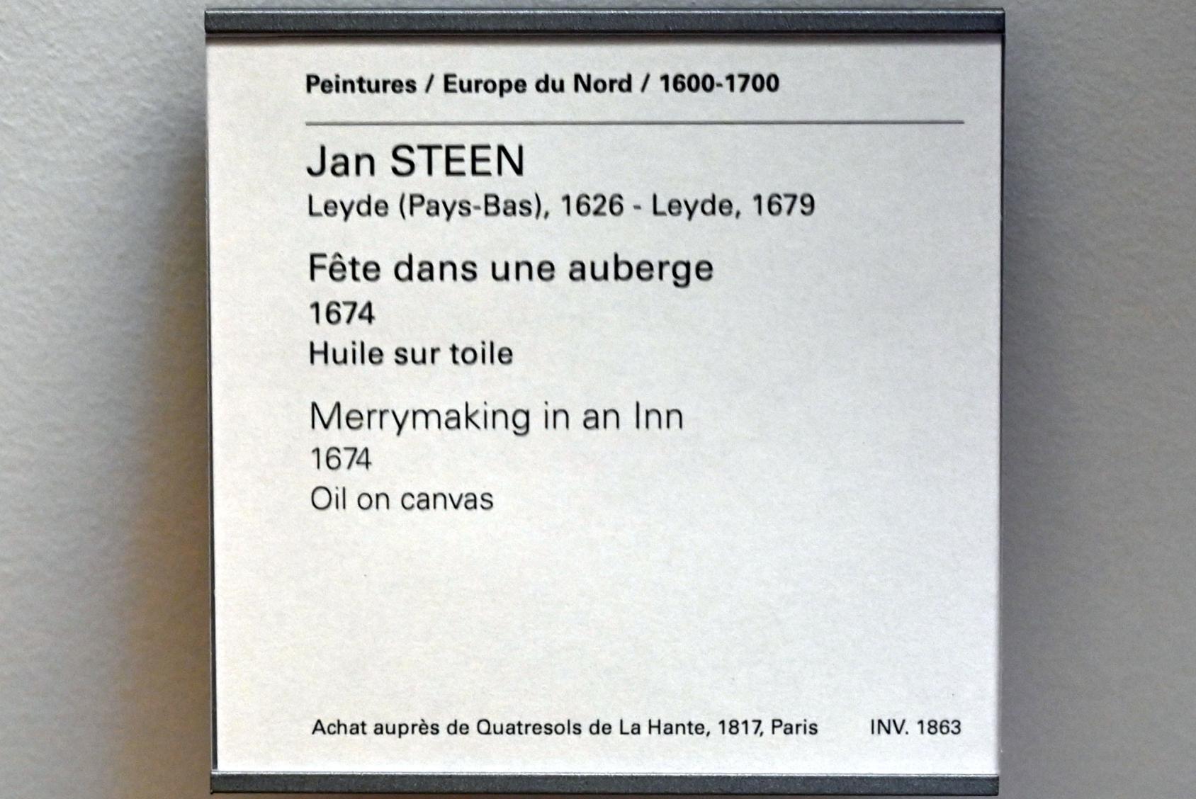 Jan Havickszoon Steen (1650–1678), Hochzeitsgesellschaft in einem Gasthaus, Paris, Musée du Louvre, Saal 854, 1674, Bild 2/2