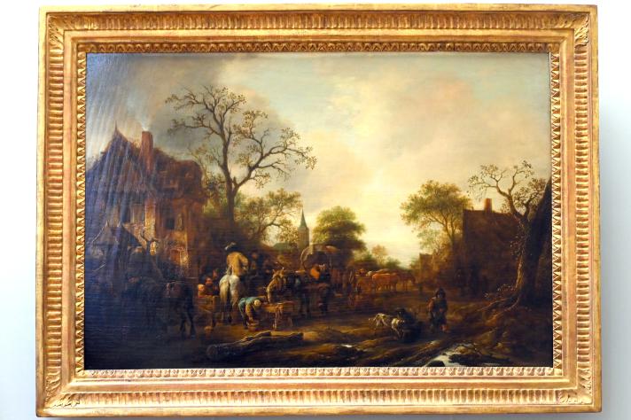 Isaac van Ostade (1639–1649), Rast von Reisenden und Reitern in einem Dorf, Paris, Musée du Louvre, Saal 854, um 1630–1648