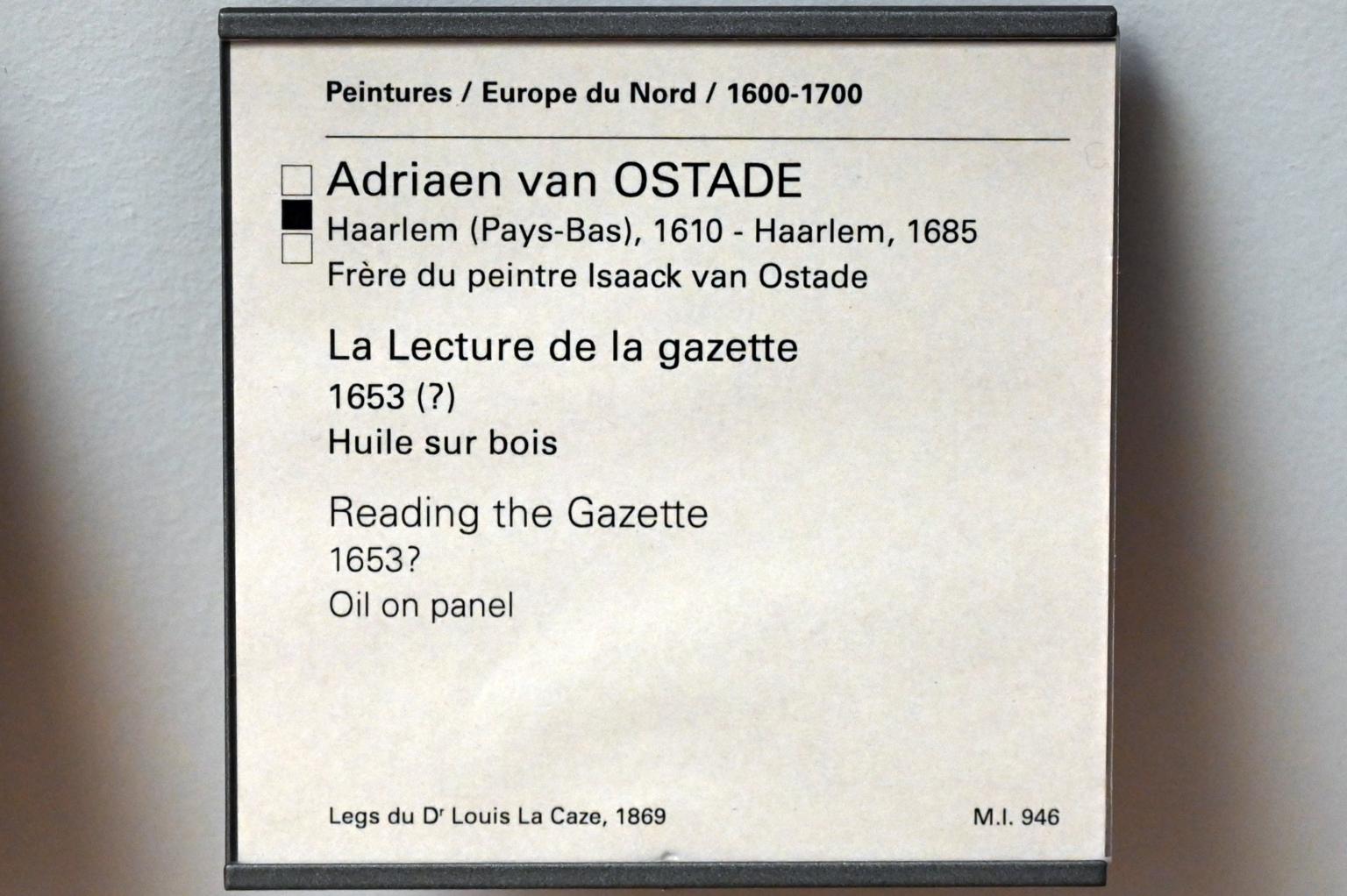Adriaen van Ostade (1635–1670), Zeitungsleser, Paris, Musée du Louvre, Saal 854, um 1653, Bild 2/2