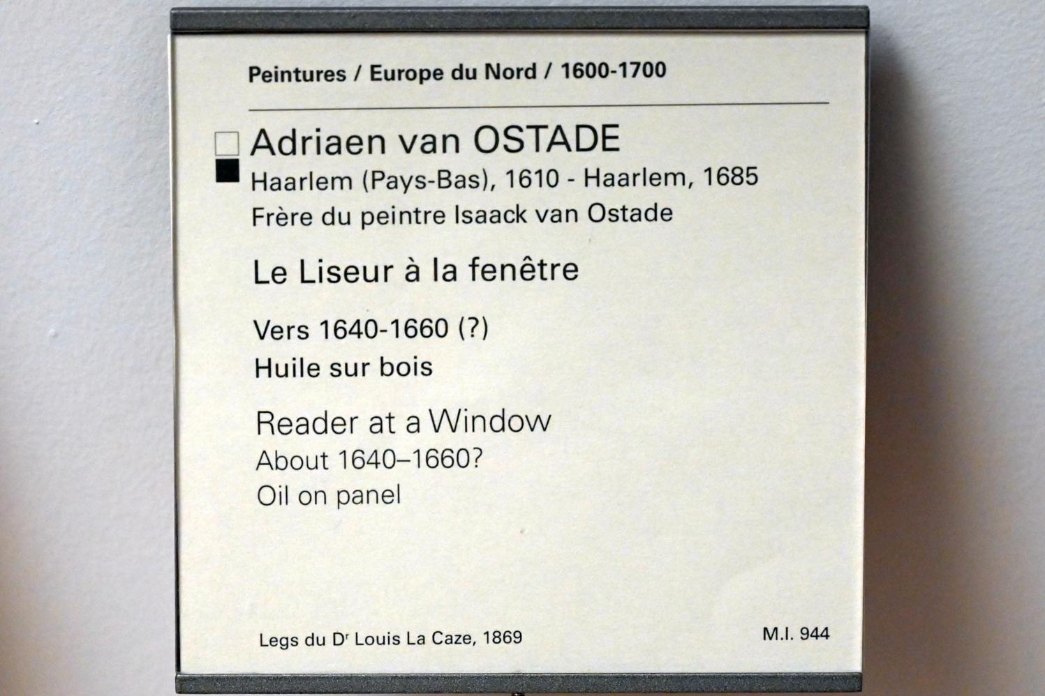 Adriaen van Ostade (1635–1670), Lesender am Fenster, Paris, Musée du Louvre, Saal 854, um 1640–1660, Bild 2/2