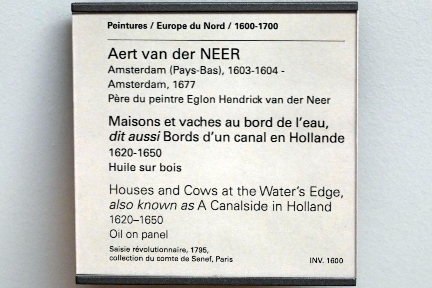 Aert van der Neer (1635–1667), Häuser und Kühe an einer Wasserstelle (Kanalufer in Holland), Paris, Musée du Louvre, Saal 849, um 1620–1650, Bild 2/2