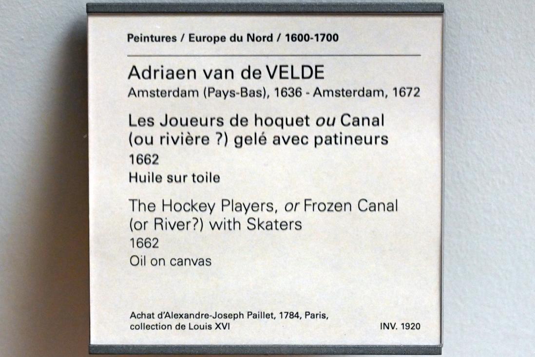 Adriaen van de Velde (1658–1668), Hockeyspieler (Schlittschuhläufern auf einem gefrorenen Kanal (Fluss?)), Paris, Musée du Louvre, Saal 849, 1662, Bild 2/2