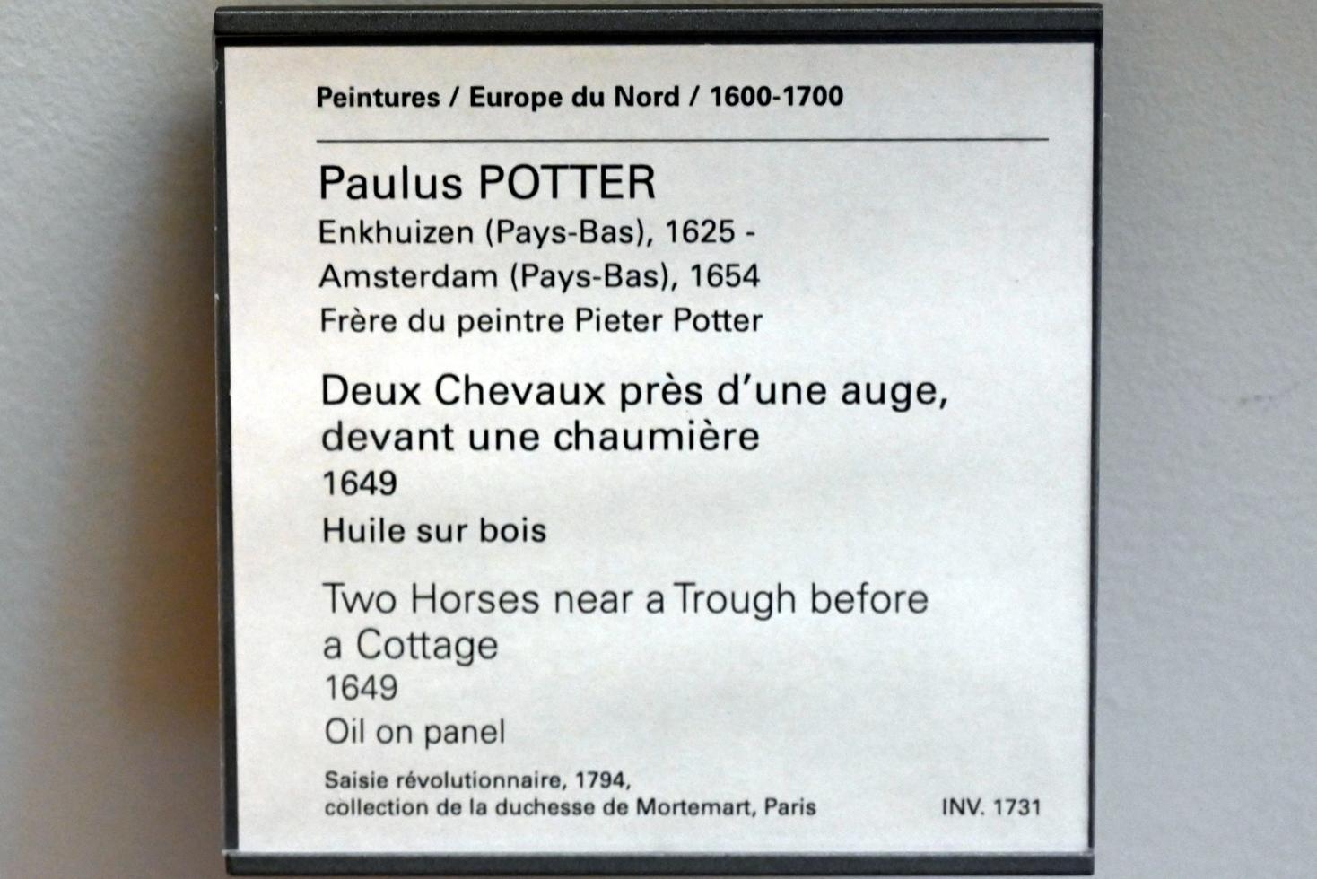 Paulus Potter (1642–1653), Zwei Pferde an einem Trog vor einer Hütte, Paris, Musée du Louvre, Saal 849, 1649, Bild 2/2