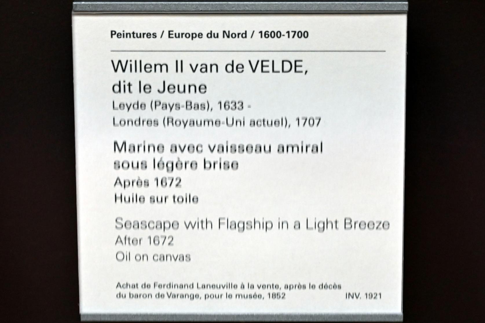 Willem van de Velde der Jüngere (1653–1673), Seestück mit Flaggschiff bei leichter Brise, Paris, Musée du Louvre, Saal 846, nach 1672, Bild 2/2