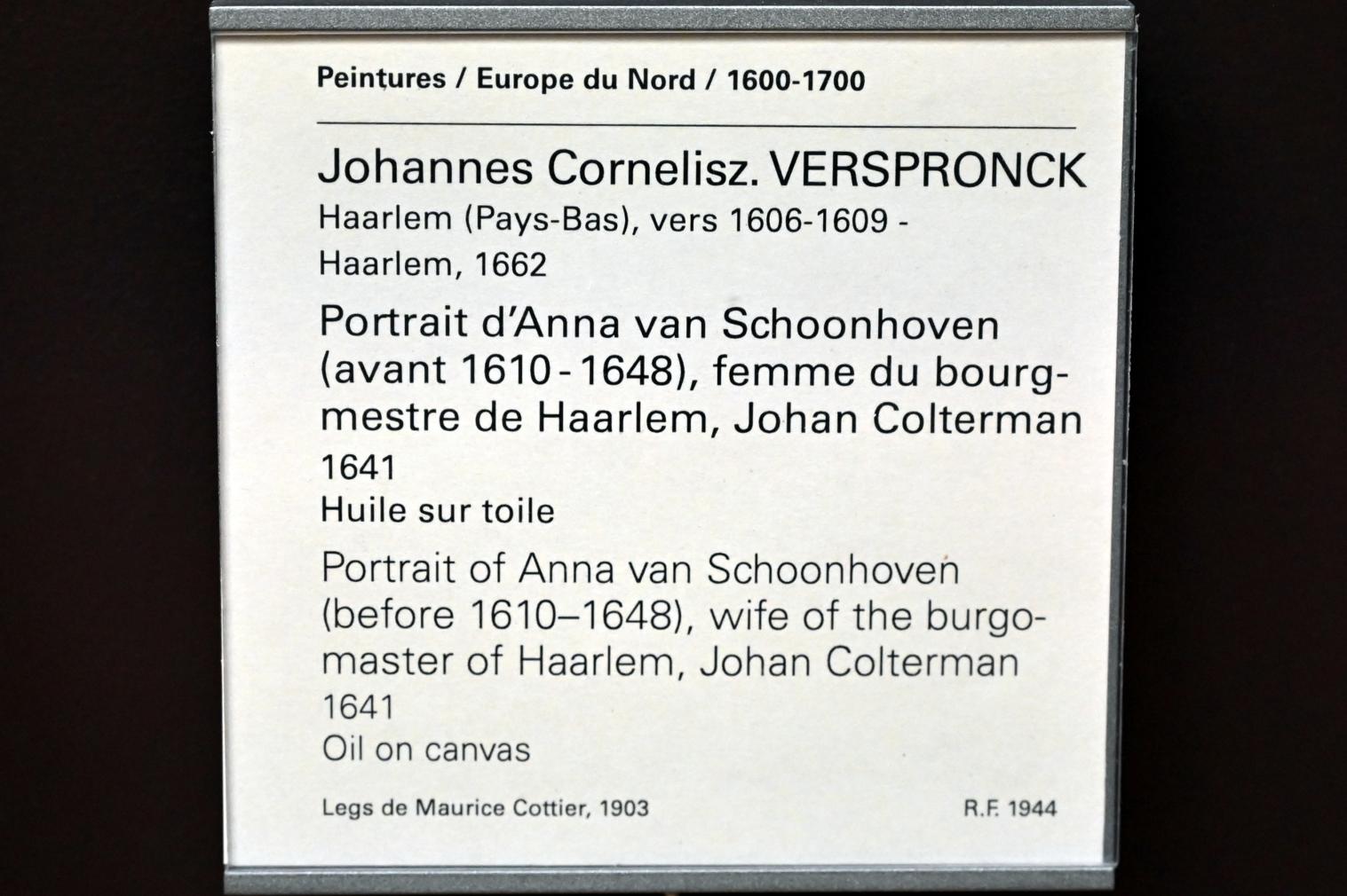 Jan Cornelisz Verspronck (1641–1650), Porträt von Anna van Schoonhoven (vor 1610-1648), Ehefrau des Bürgermeisters von Haarlem, Johan Colterman, Paris, Musée du Louvre, Saal 846, 1641, Bild 2/2