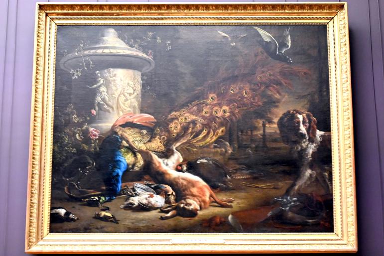 Jan Weenix (1661–1713), Stillleben mit Pfau und Hund (Jagdtrophäen), Paris, Musée du Louvre, Saal 845, 1696