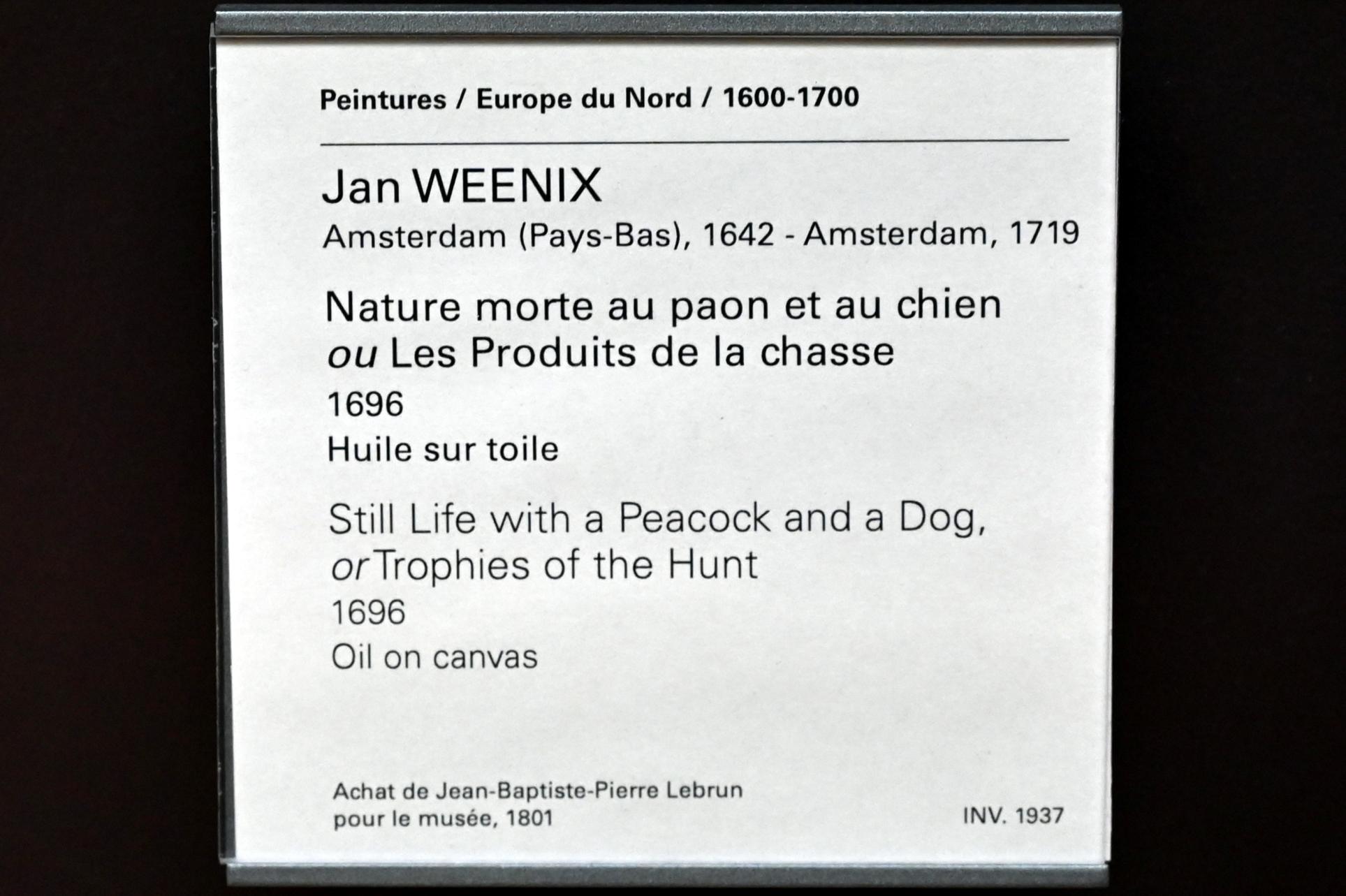 Jan Weenix (1661–1713), Stillleben mit Pfau und Hund (Jagdtrophäen), Paris, Musée du Louvre, Saal 845, 1696, Bild 2/2