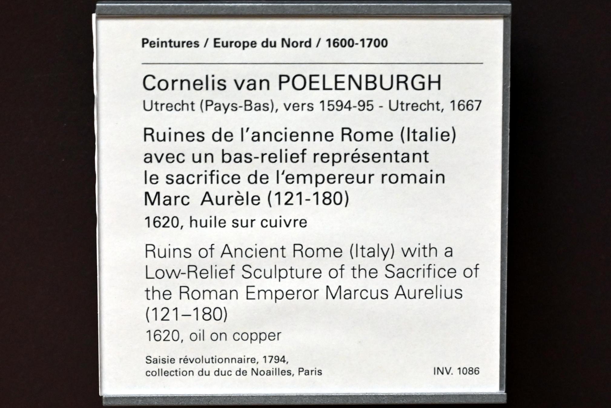 Cornelis van Poelenburgh (1620–1646), Ruinen des antiken Roms mit Basrelief des Opfers von Kaiser Marc Aurel (121-180), Paris, Musée du Louvre, Saal 845, 1620, Bild 2/2