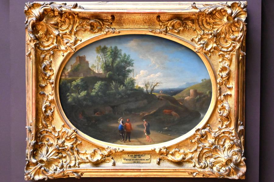 Herman van Swanevelt (1646–1654), Landschaft mit zwei Hirten und einer Reiterin auf einem Esel, Paris, Musée du Louvre, Saal 845, 1654, Bild 1/2