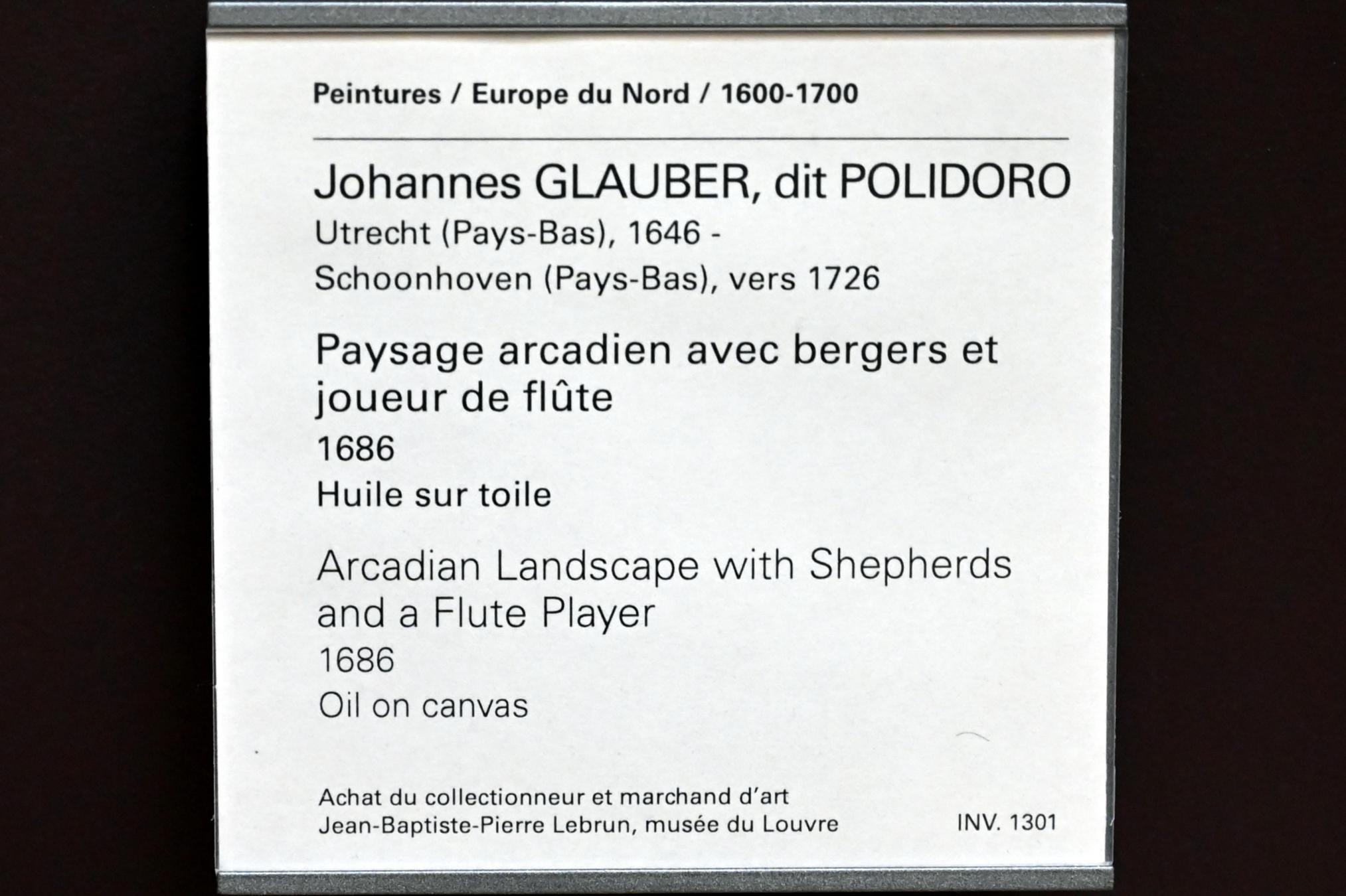Johannes Glauber (Polidoro) (1686), Arkadische Landschaft mit Hirten und einem Flötenspieler, Paris, Musée du Louvre, Saal 845, 1686, Bild 2/2