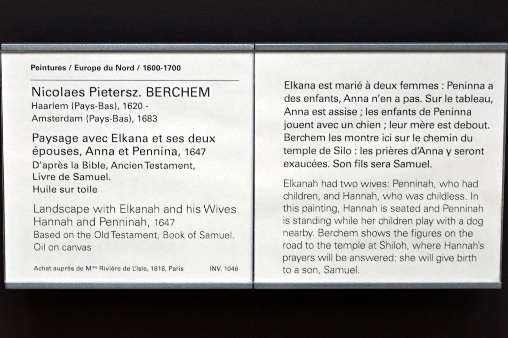 Nicolaes Berchem (1646–1675), Elkana mit seinen Frauen Hanna und Peninna, Paris, Musée du Louvre, Saal 845, 1647, Bild 2/2