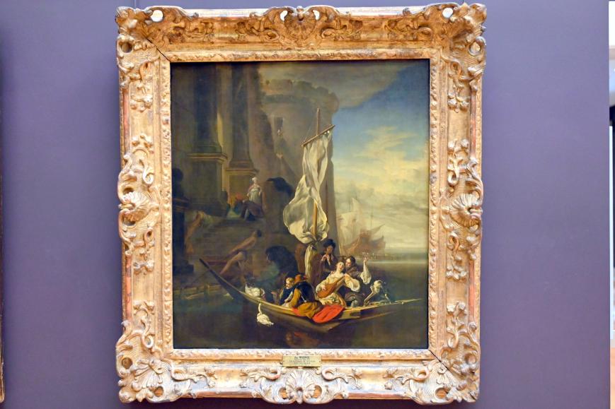 Jan Weenix (1661–1713), Fantasiefiguren in einem Boot mit einer Zitterspielerin, Paris, Musée du Louvre, Saal 845, um 1666