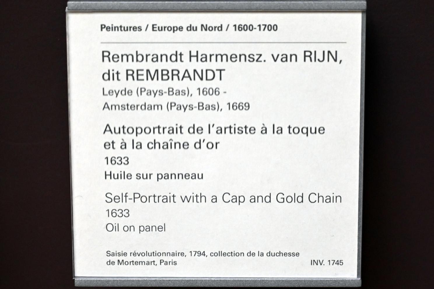 Rembrandt (Rembrandt Harmenszoon van Rijn) (1627–1669), Selbstporträt mit Mütze und goldener Kette, Paris, Musée du Louvre, Saal 844, 1633, Bild 2/2