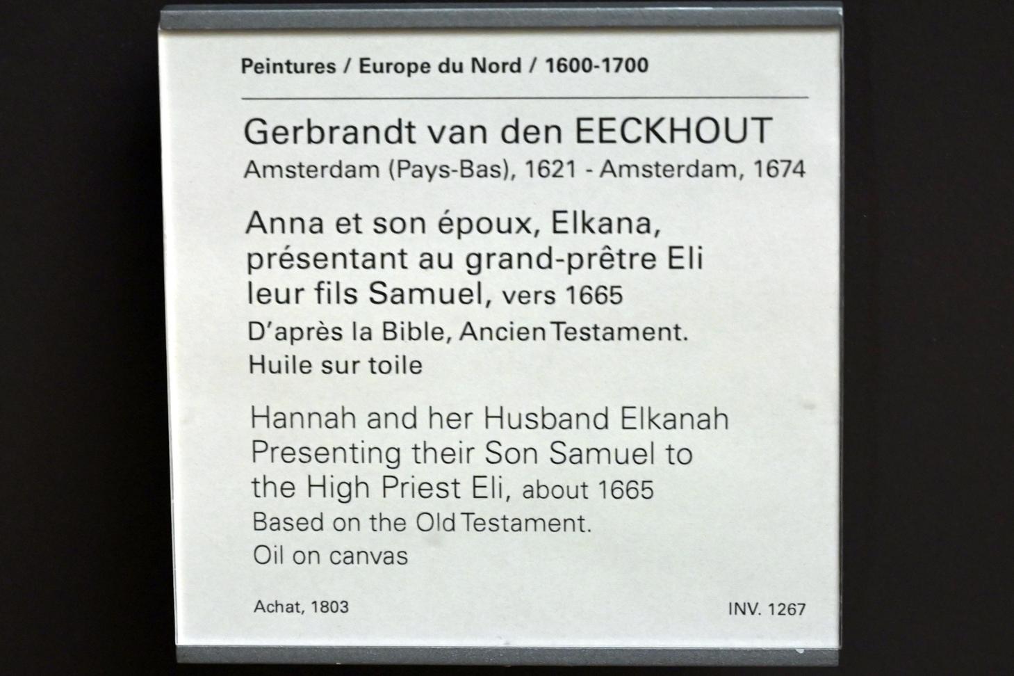 Gerbrand van den Eeckhout (1645–1669), Hanna stellt ihren Sohn Samuel dem Hohepriester Eli vor, Paris, Musée du Louvre, Saal 844, um 1665, Bild 2/2