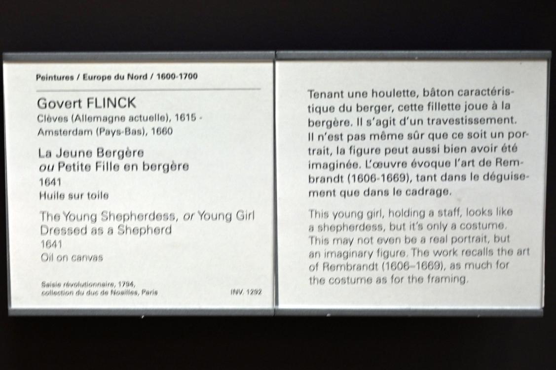 Govaert Flinck (1634–1645), Die junge Hirtin (Junges Mädchen verkleidet als Hirtin), Paris, Musée du Louvre, Saal 844, 1641, Bild 2/2