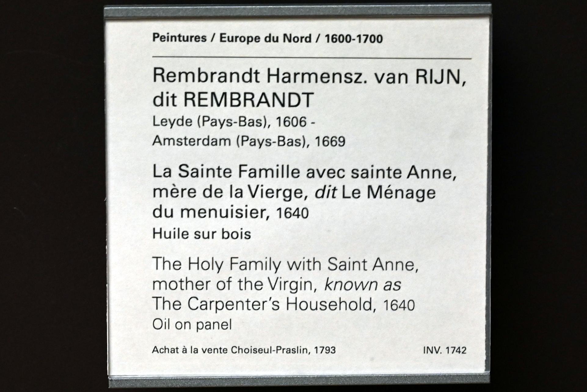 Rembrandt (Rembrandt Harmenszoon van Rijn) (1627–1669), Heilige Familie mit hl. Anna (Der Haushalt des Zimmermanns), Paris, Musée du Louvre, Saal 844, 1640, Bild 2/2