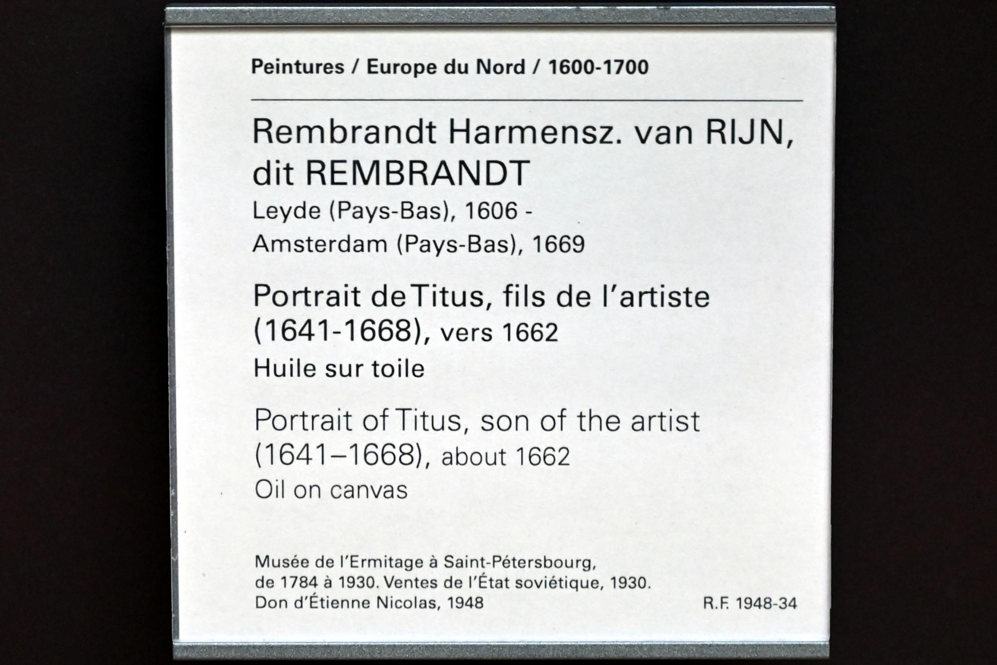 Rembrandt (Rembrandt Harmenszoon van Rijn) (1627–1669), Porträt von Titus, Sohn des Künstlers (1641-1668), Paris, Musée du Louvre, Saal 844, um 1662, Bild 2/2