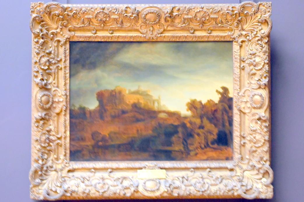 Rembrandt (Rembrandt Harmenszoon van Rijn) (1627–1669), Fiktive Landschaft mit Schloss, Paris, Musée du Louvre, Saal 844, um 1640–1642, Bild 1/2