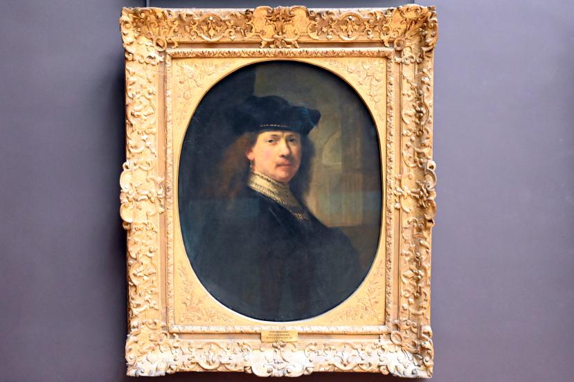 Rembrandt (Rembrandt Harmenszoon van Rijn) (1627–1669), Selbstporträt mit Mütze vor einem architektonischen Hintergrund, Paris, Musée du Louvre, Saal 844, um 1634–1640
