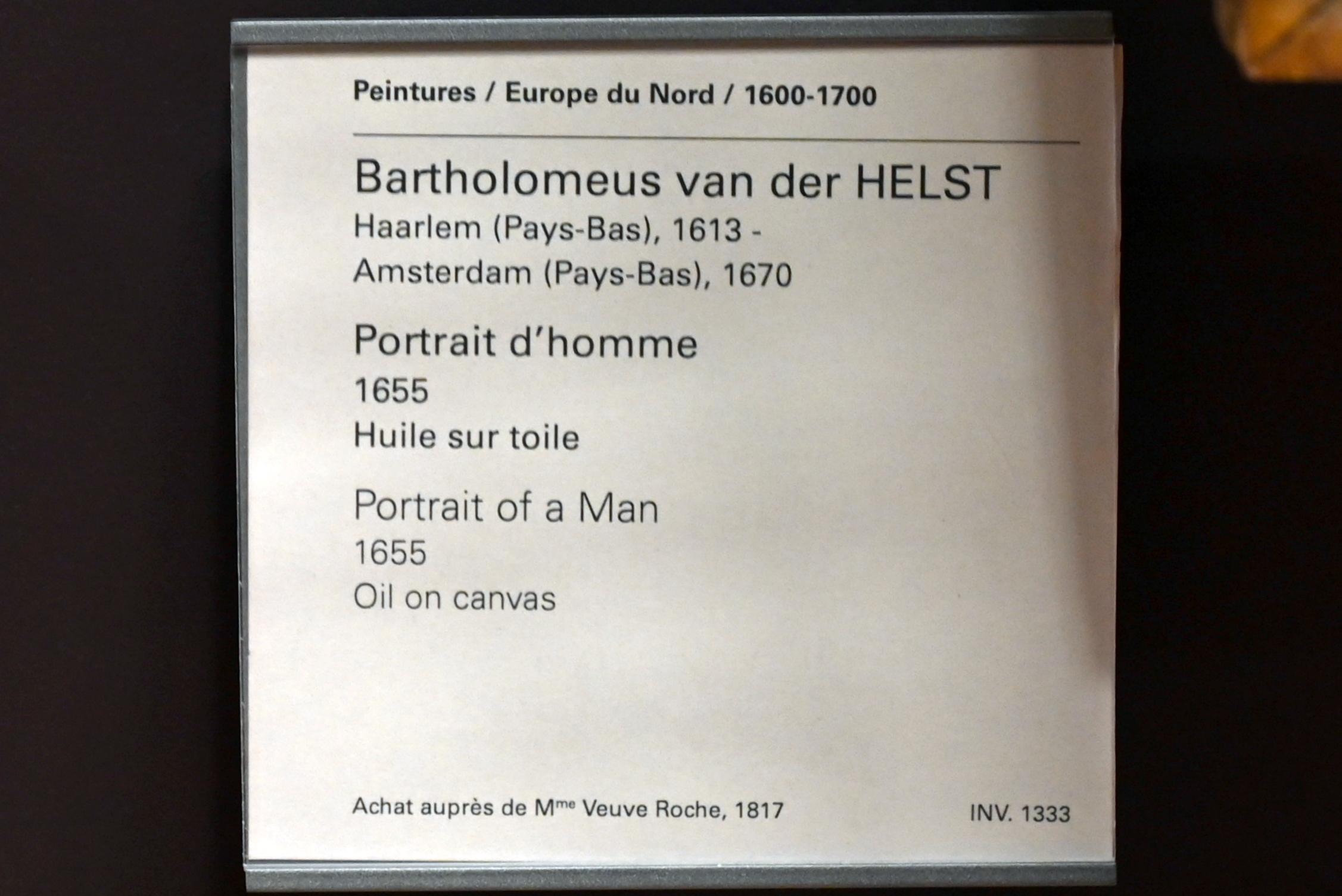 Bartholomeus van der Helst (1640–1669), Porträt eines Mannes, Paris, Musée du Louvre, Saal 843, 1655, Bild 2/2