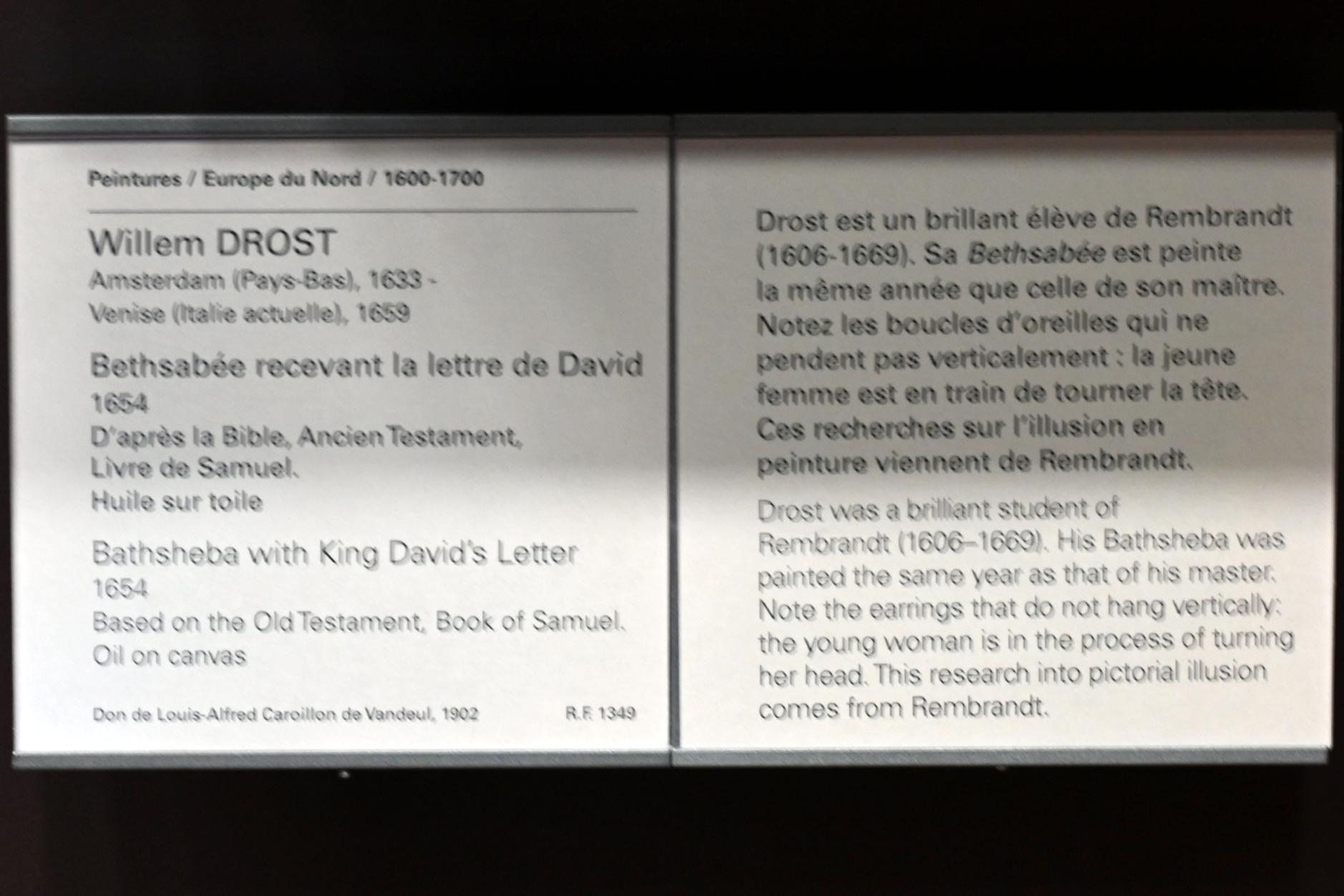 Willem Drost (1654–1656), Bathseba empfängt den Brief König Davids, Paris, Musée du Louvre, Saal 843, 1654, Bild 2/2