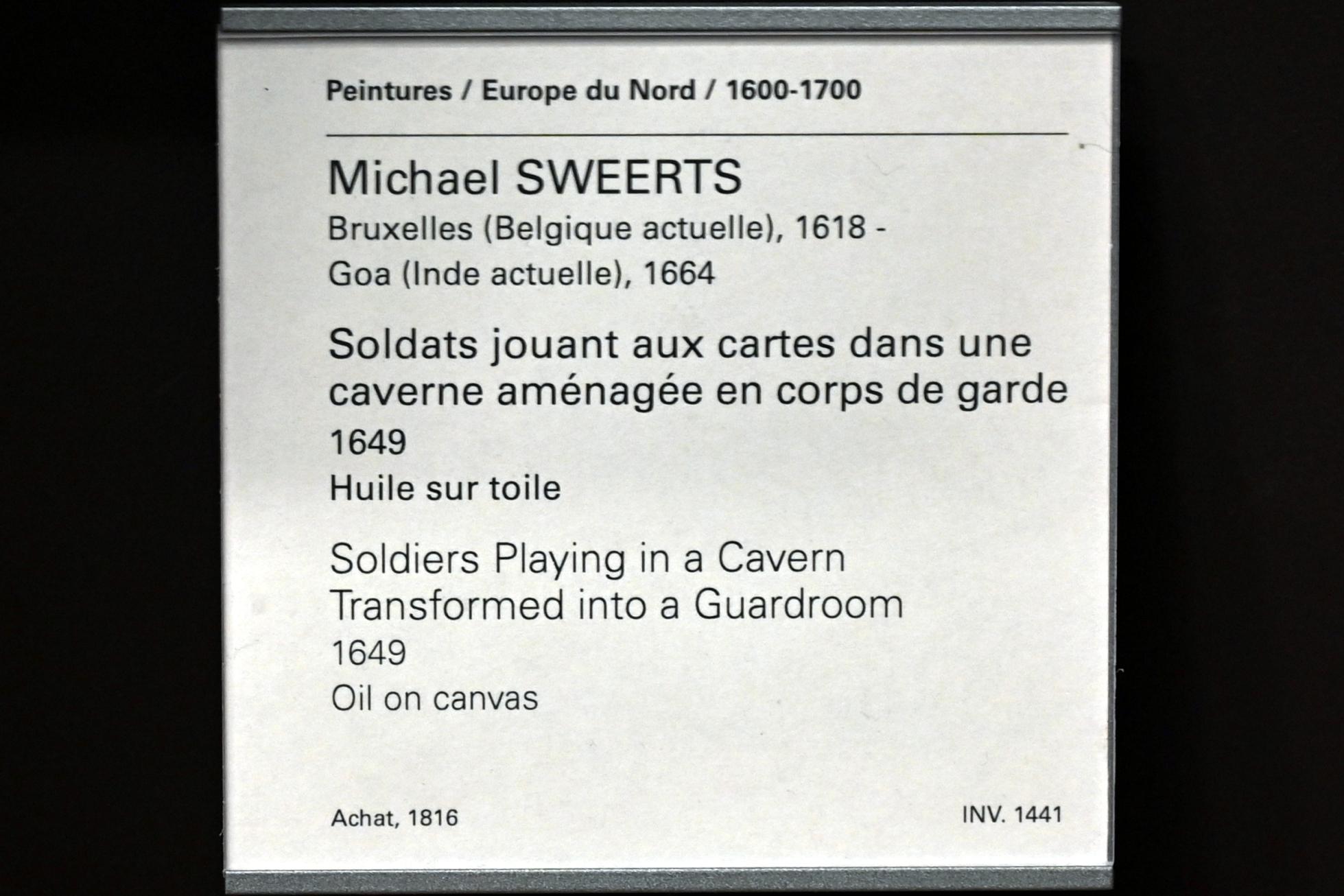 Michael Sweerts (1649–1661), Karten spielende Soldaten in einer in ein Wachhaus umgewandelte Höhle, Paris, Musée du Louvre, Saal 843, 1649, Bild 2/2