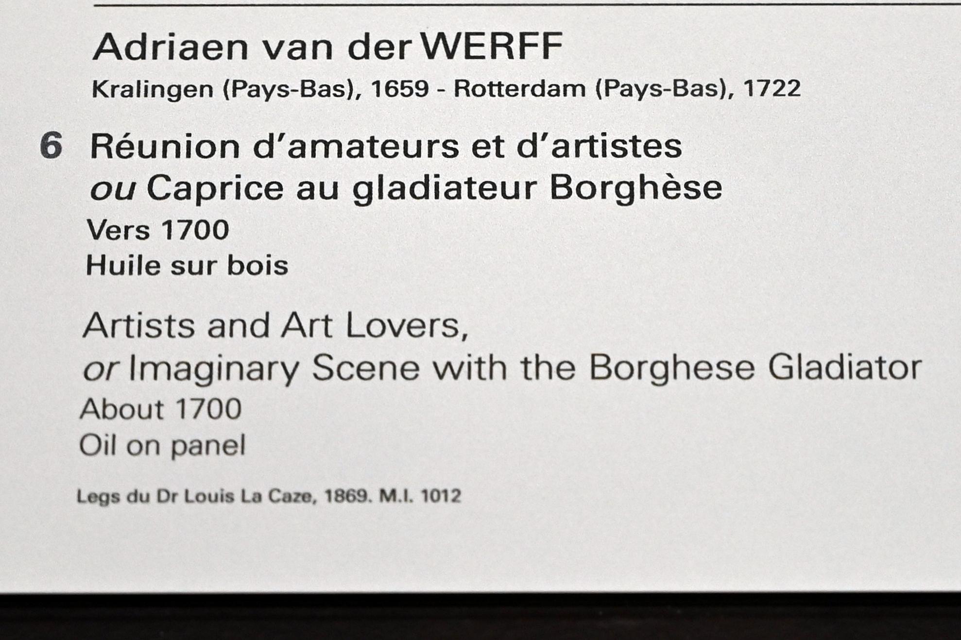 Adriaen van der Werff (1687–1715), Künstler und Kunstliebhaber (Fiktive Szene mit dem Borghesischen Fechter), Paris, Musée du Louvre, Saal 842, um 1700, Bild 2/2