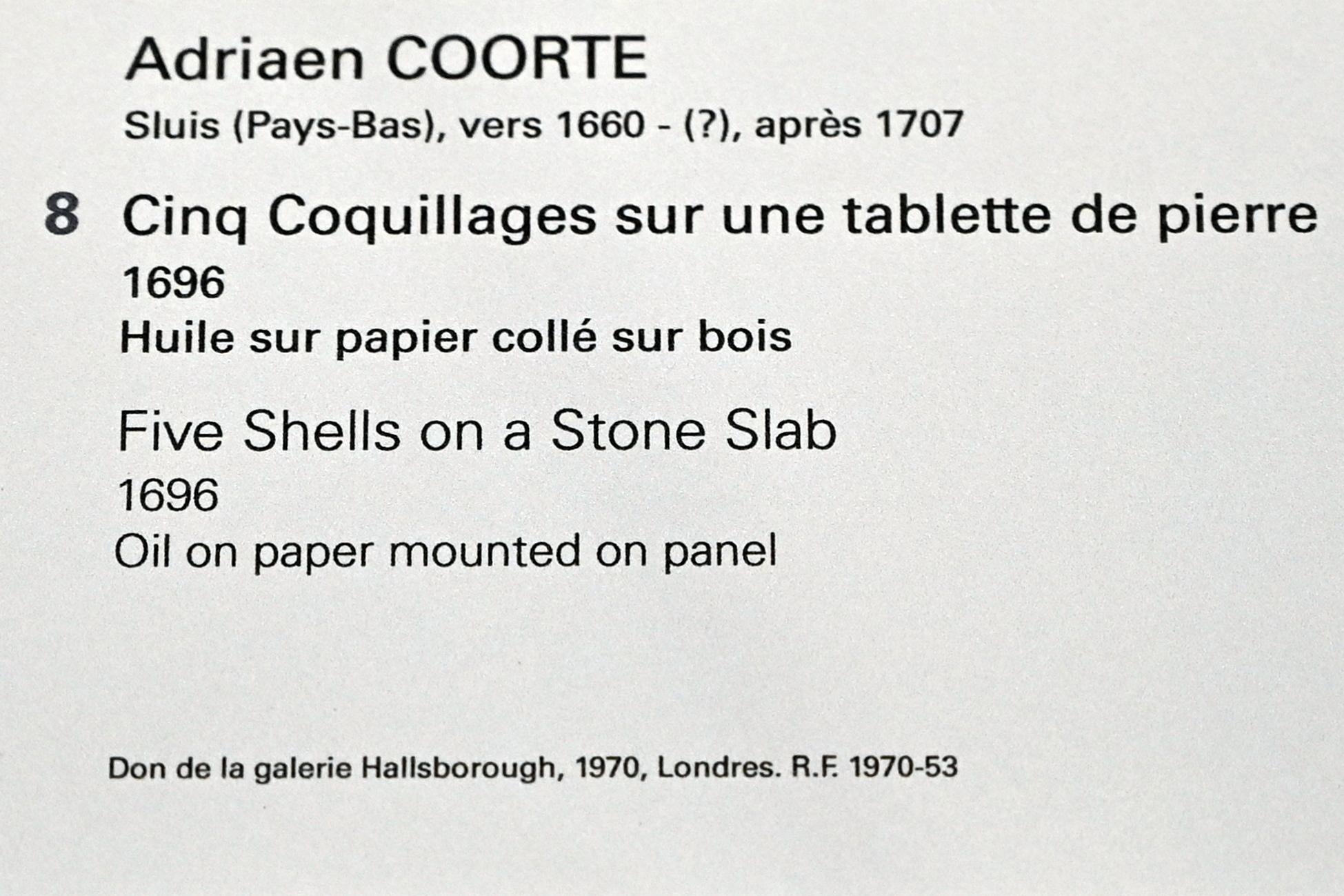 Adriaen Coorte (1696–1704), Fünf Muscheln auf einer Steinplatte, Paris, Musée du Louvre, Saal 842, 1696, Bild 2/2