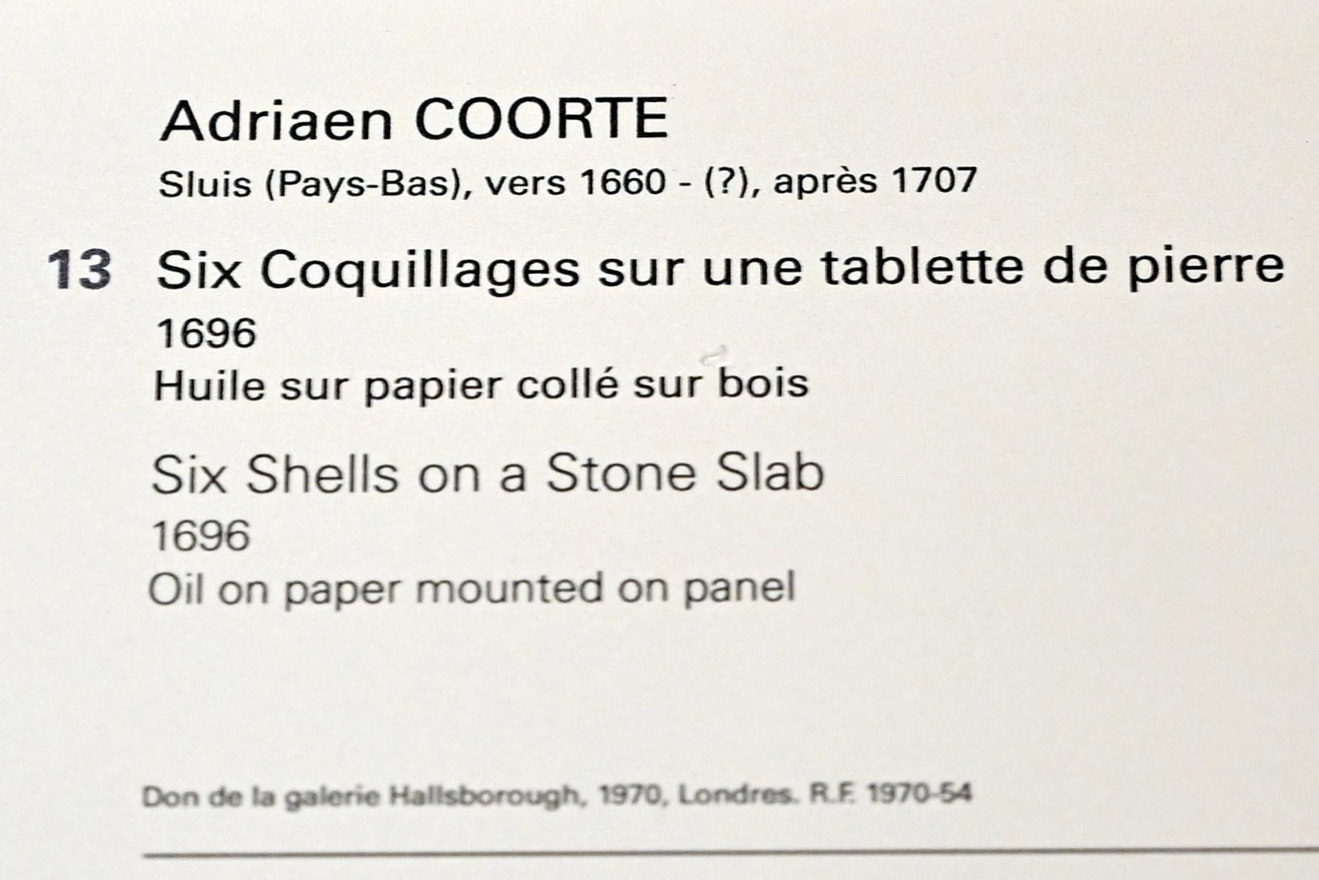 Adriaen Coorte (1696–1704), Sechs Muscheln auf einer Steinplatte, Paris, Musée du Louvre, Saal 842, 1696, Bild 2/2