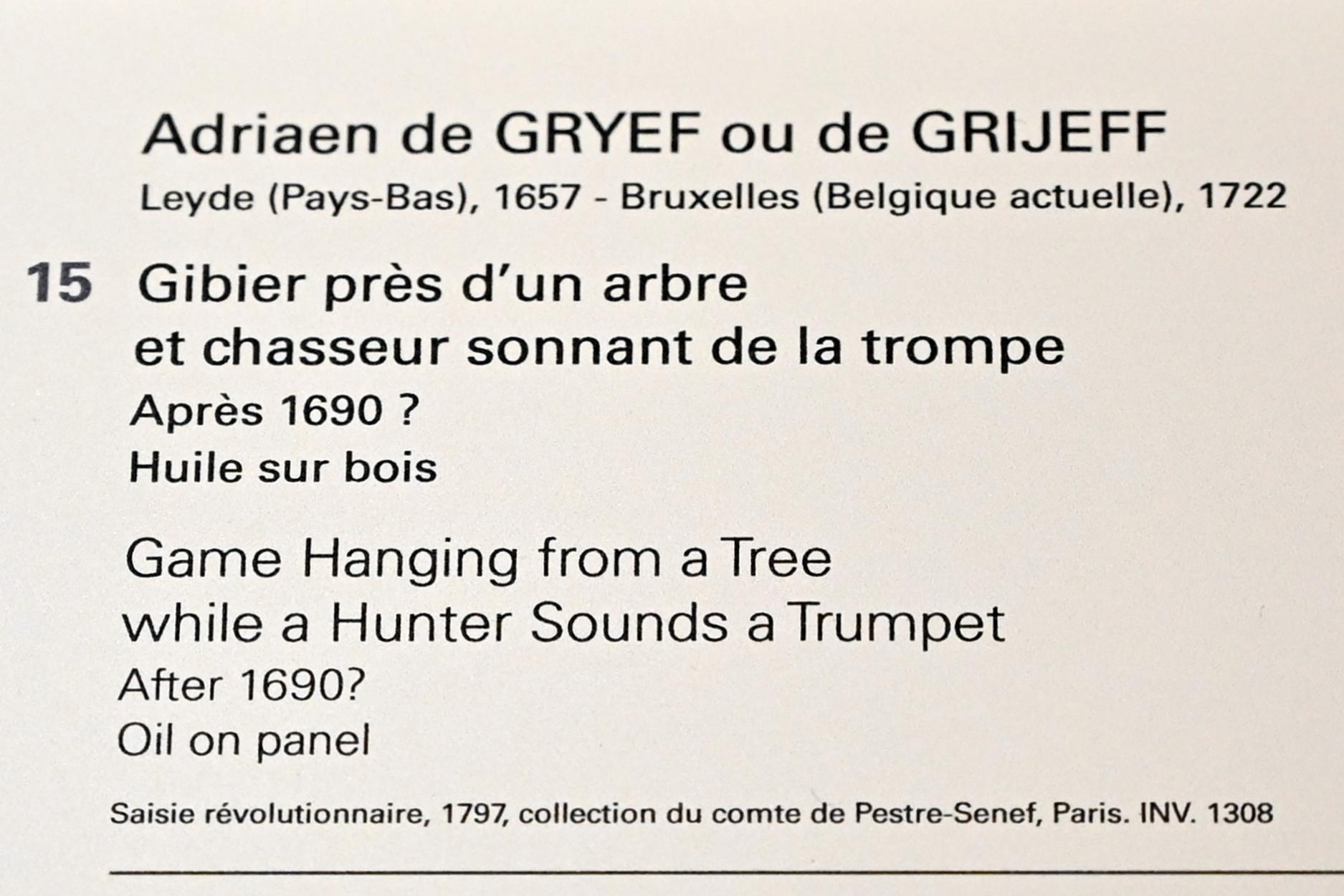 Adriaen de Grijef (1691), Erlegtes Wild mit einem trompetenspielenden Jäger, Paris, Musée du Louvre, Saal 842, nach 1690, Bild 2/2