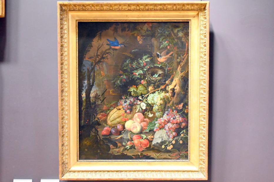 Abraham Mignon (1661–1675), Blumen, Früchte, Vögel und Insekten in einer Ruinenlandschaft, mit einer Maus, die ein Nest betritt, Paris, Musée du Louvre, Saal 840, nach 1660