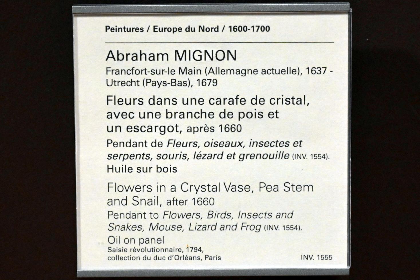 Abraham Mignon (1661–1675), Blumen in einer Kristallvase mit einem Erbsenzweig und einer Schnecke, Paris, Musée du Louvre, Saal 840, nach 1660, Bild 2/2