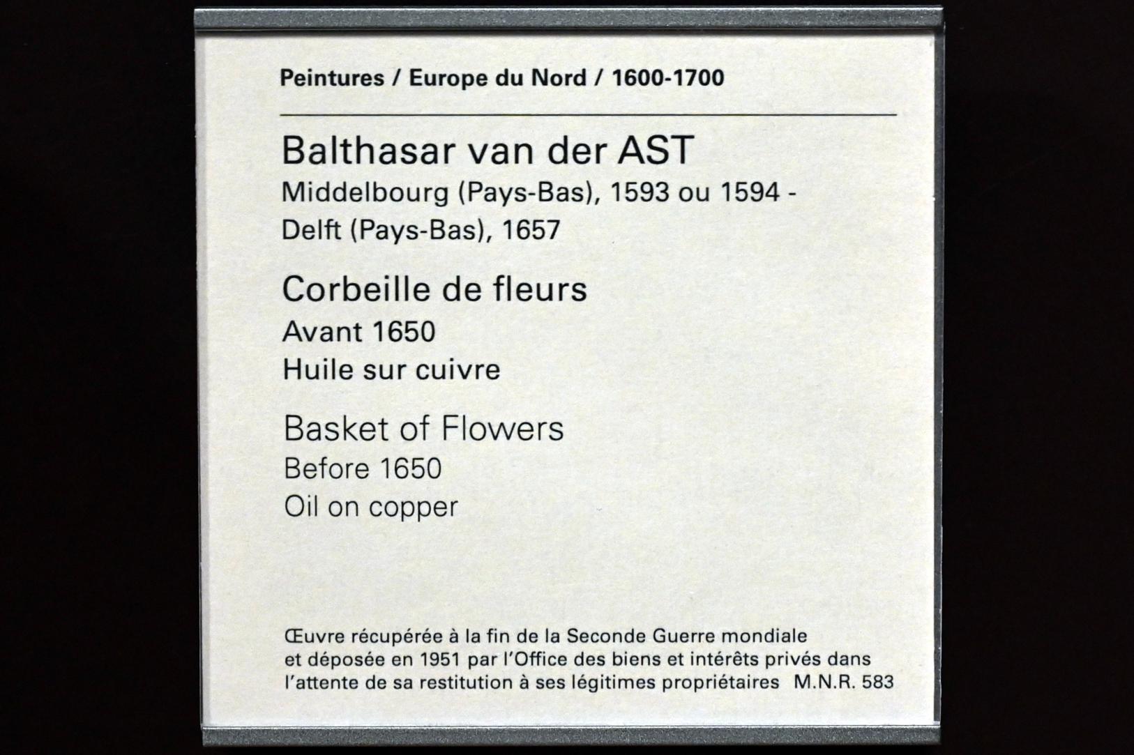 Balthasar van der Ast (1628–1649), Blumenkorb, Paris, Musée du Louvre, Saal 840, vor 1650, Bild 2/2
